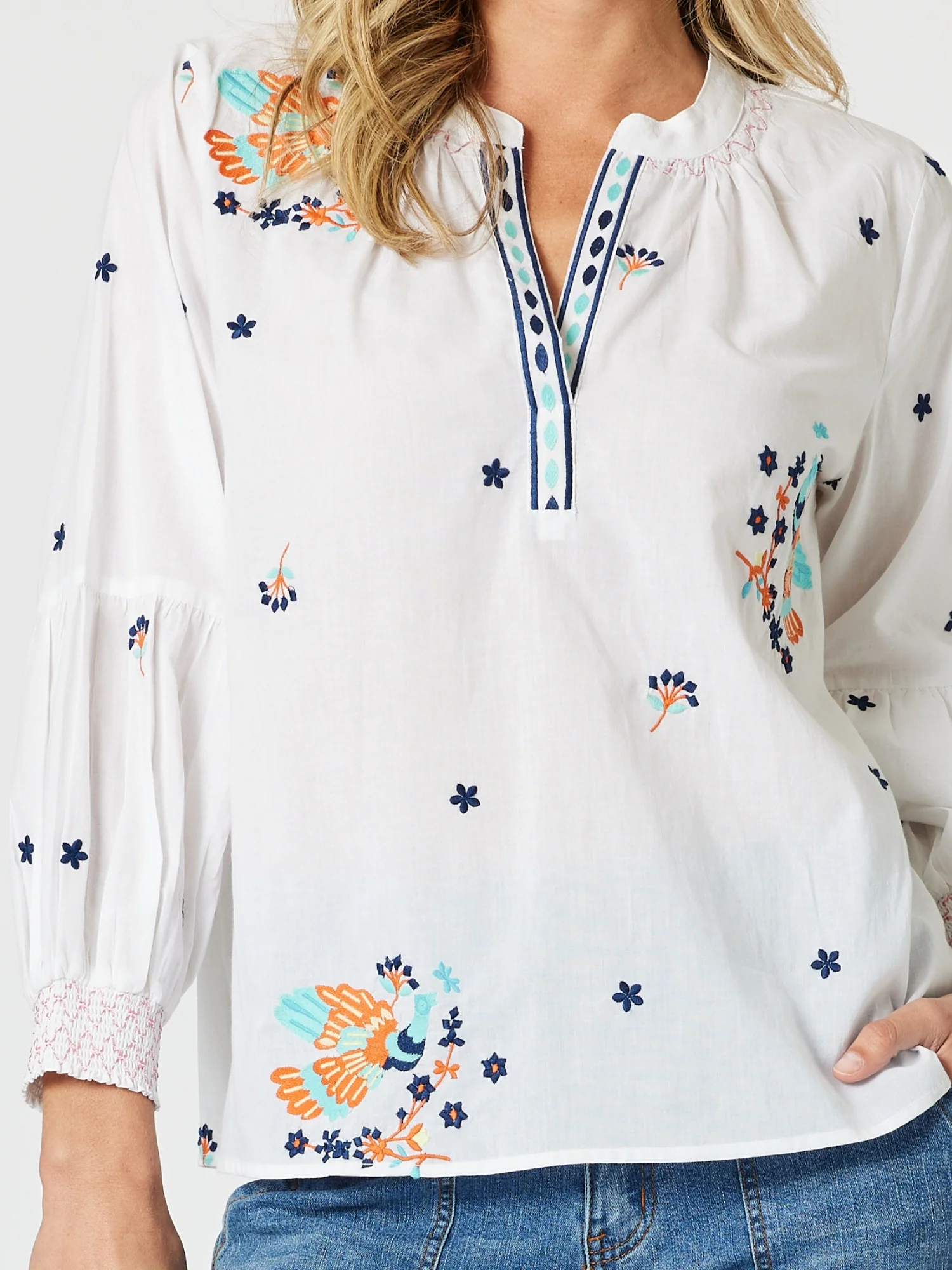 Birdie Embroidered Blouse - White Multi