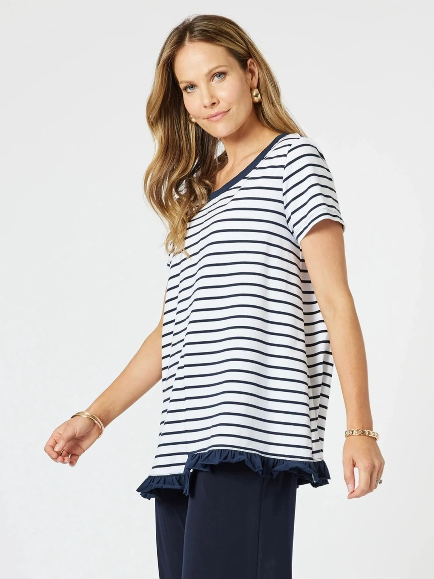 Frill Me Stripe Print Tee - Navy/White