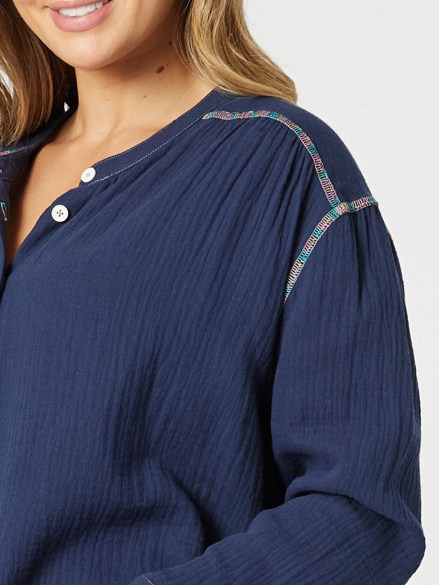 Rainbow Stitch Top - Navy
