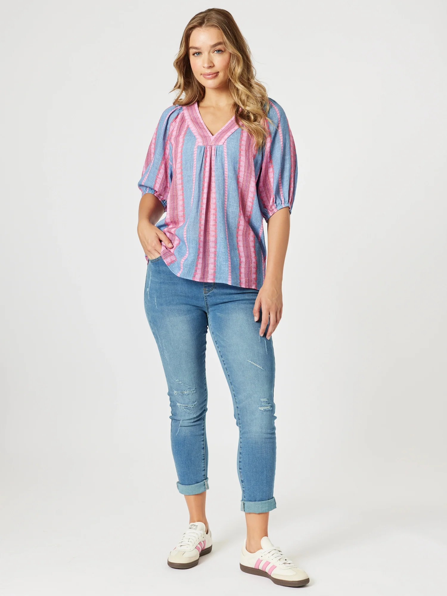Bloom Stripe Print Top - Indigo Pink