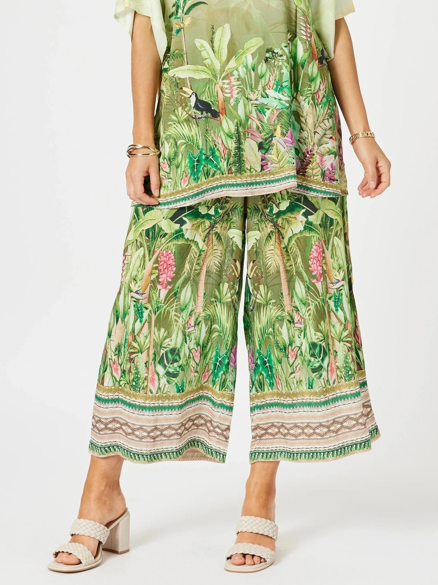 Toucan Print Wide Leg Pant - Green