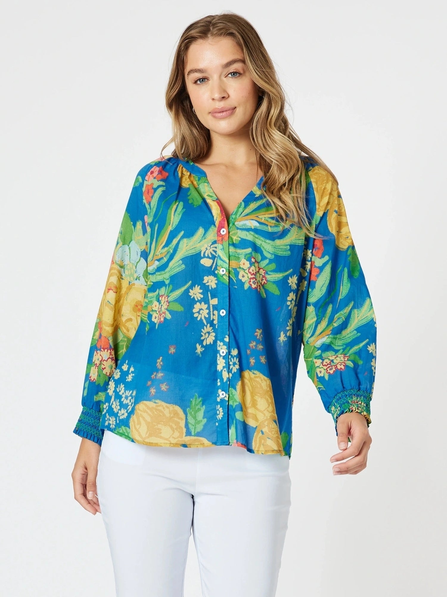 Tropics Floral Print Sheer Top - Blue/Multi