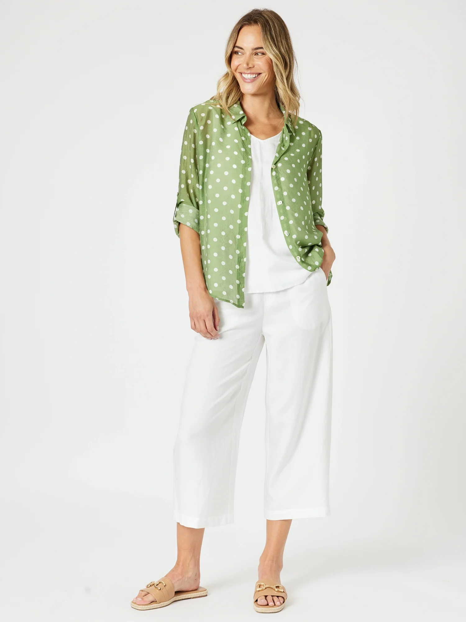 Basil Spot Print Sheer Shirt - Basil White