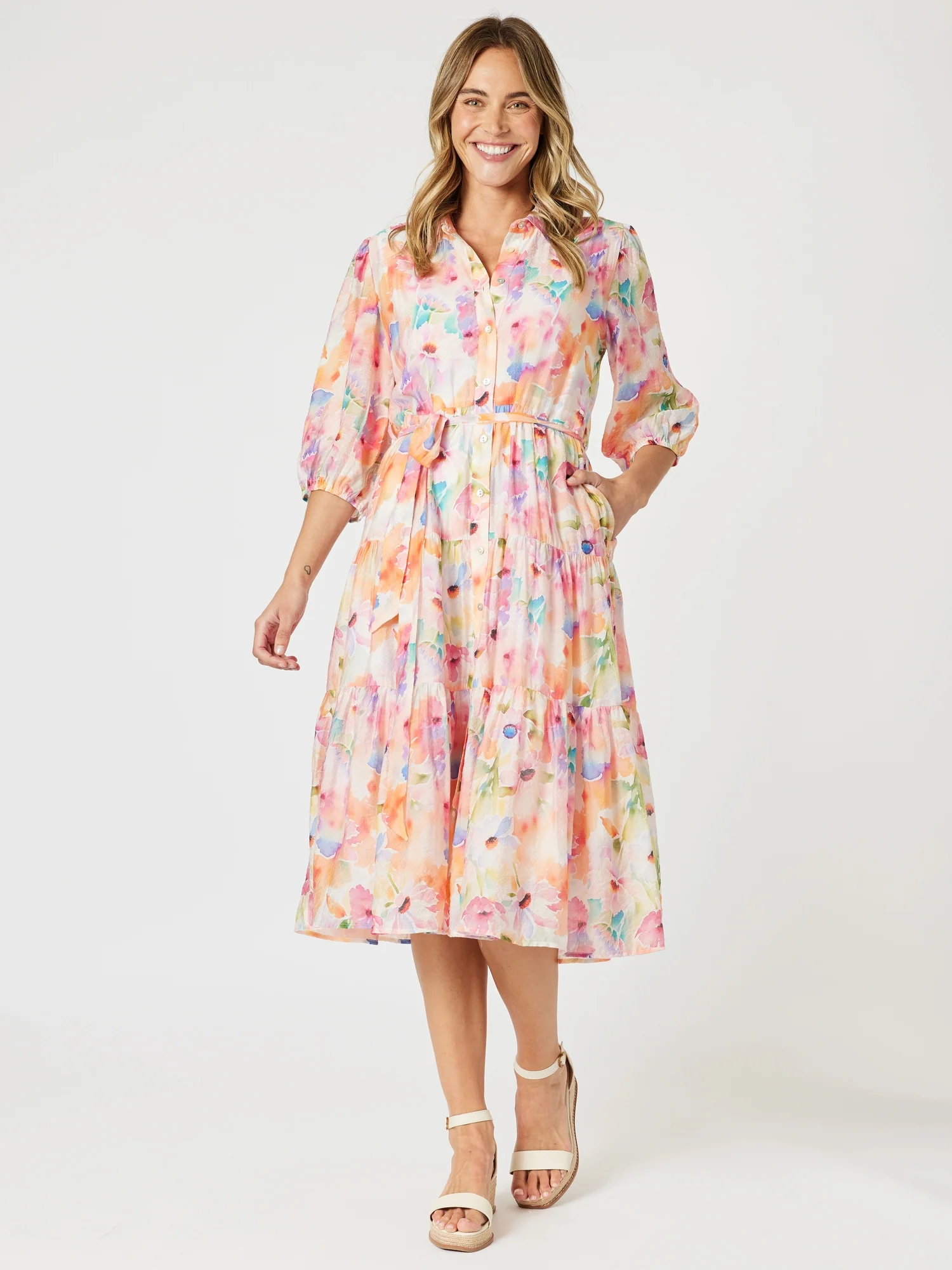 Spring Floral Print Shirt Dress - Multi