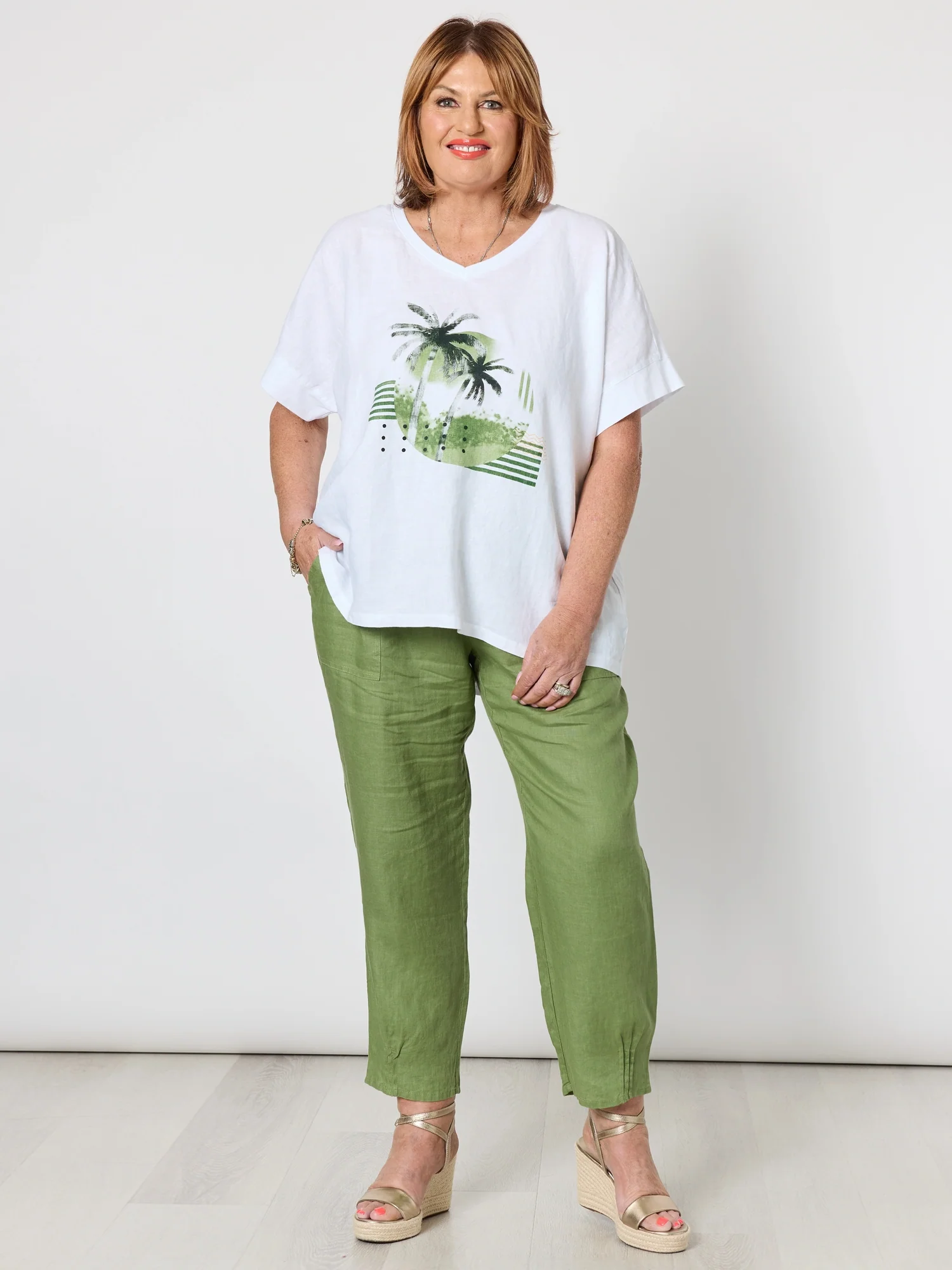 Sarah Linen Pleat Hem Pant - Basil