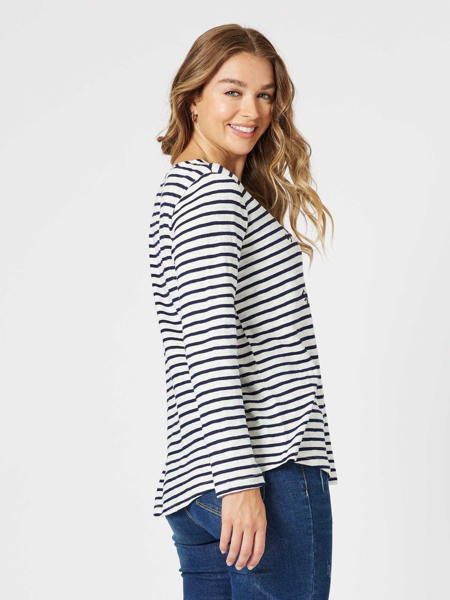 Riviera Stripe Print Long Sleeve Tee - Navy/White