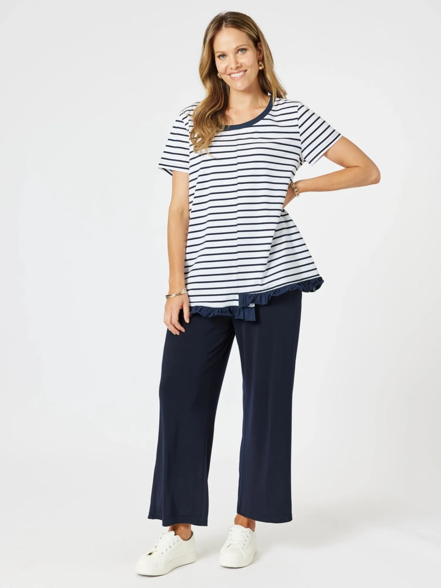 Frill Me Stripe Print Tee - Navy/White