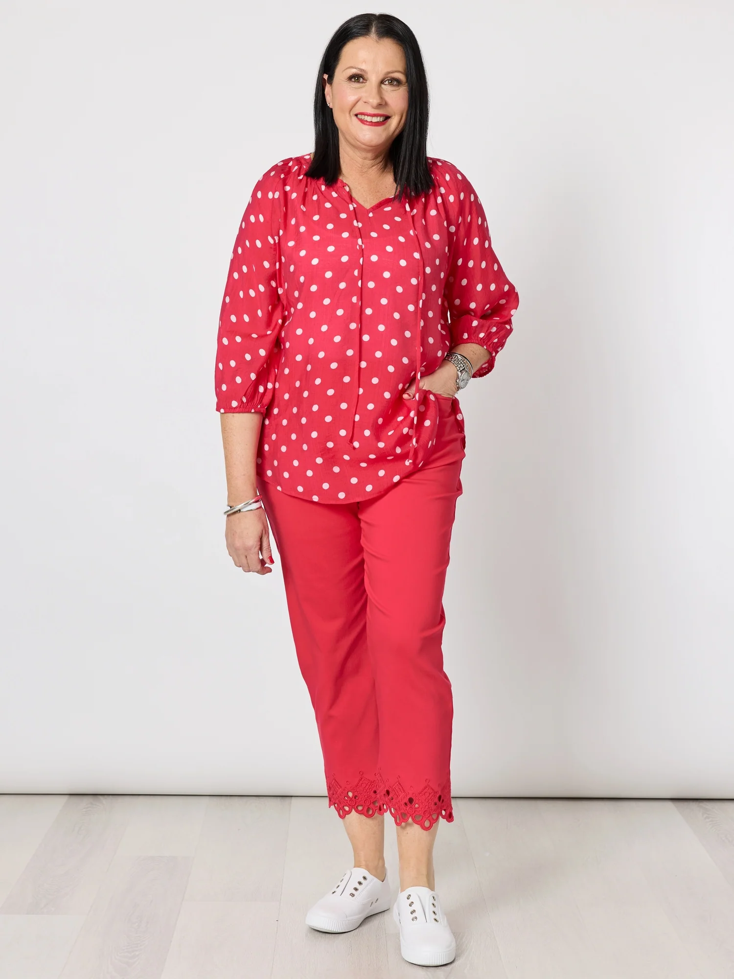 French Rose Spot Print Sheer Blouse - Red/White