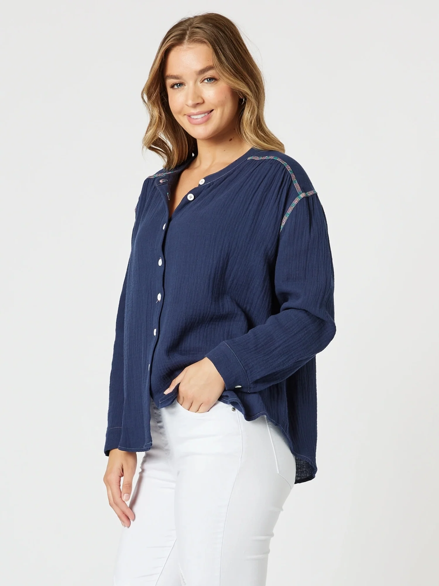 Rainbow Stitch Top - Navy