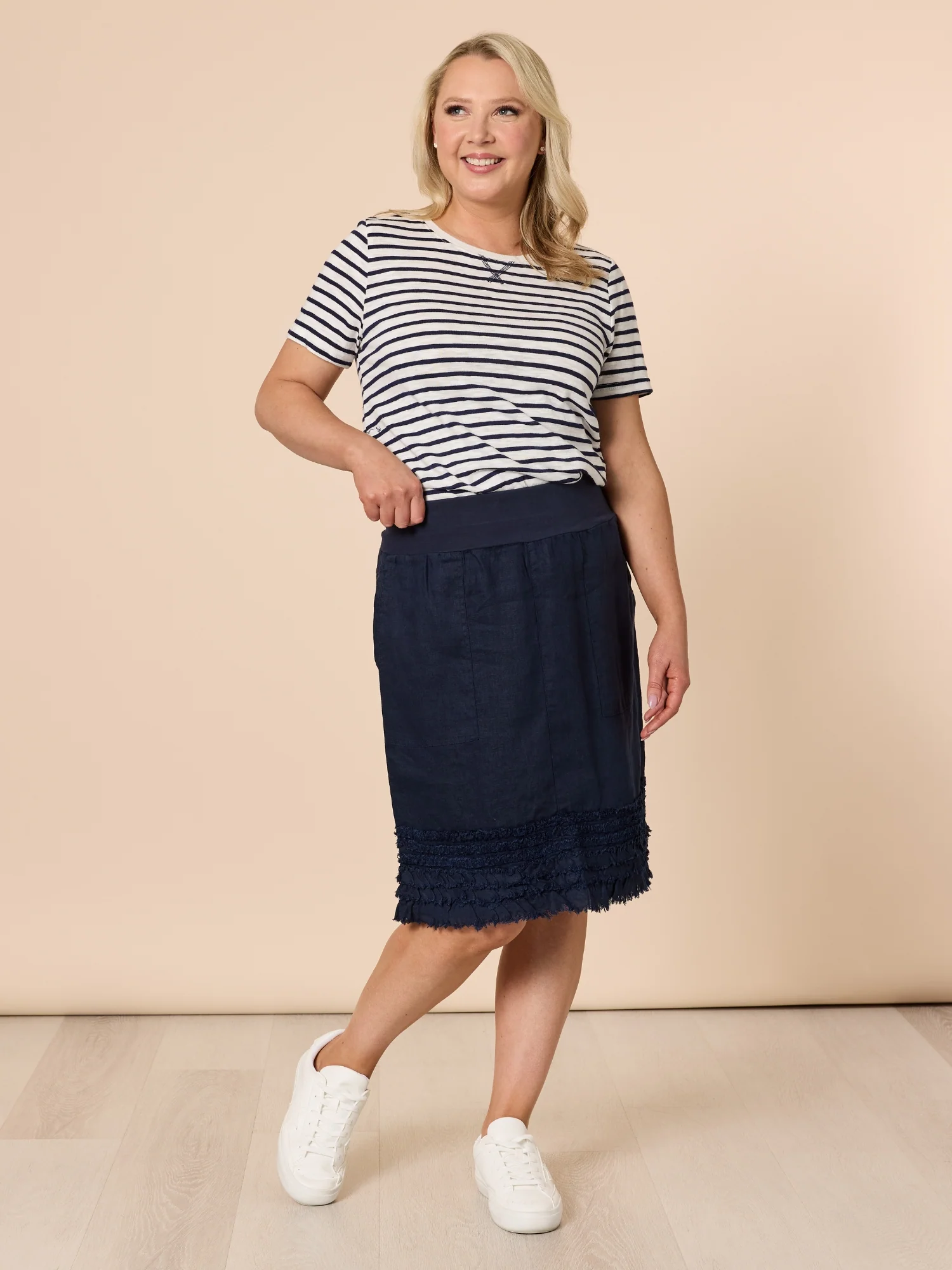 Mimi Linen Ruffle Hem Skirt - Navy