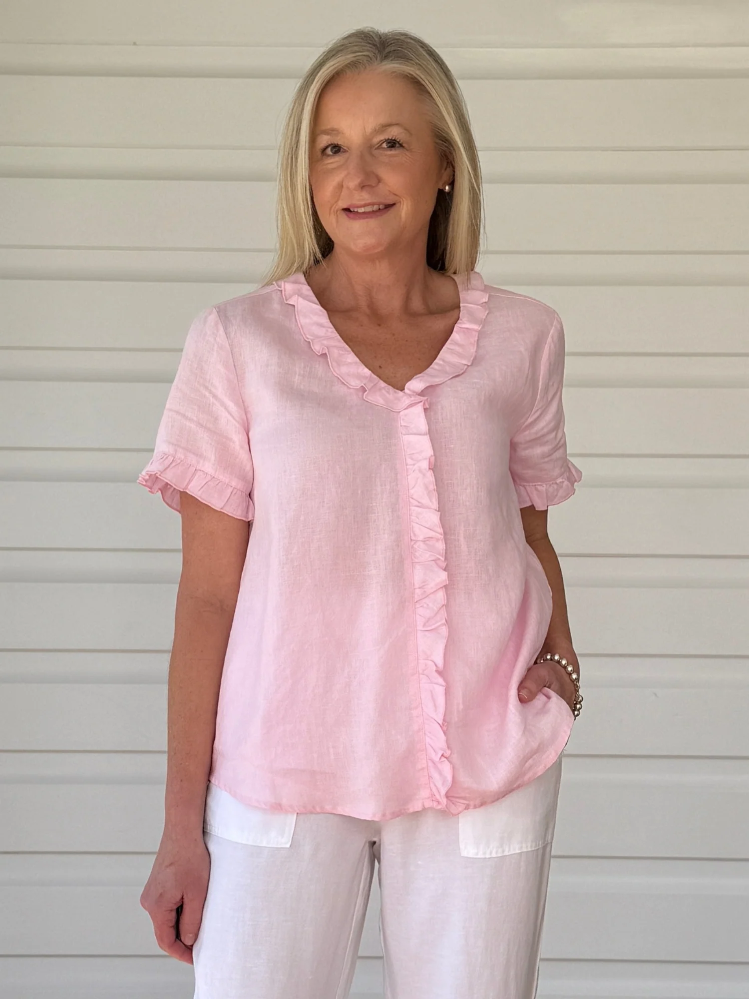 Tiffany Ruffle Linen Top - Pink