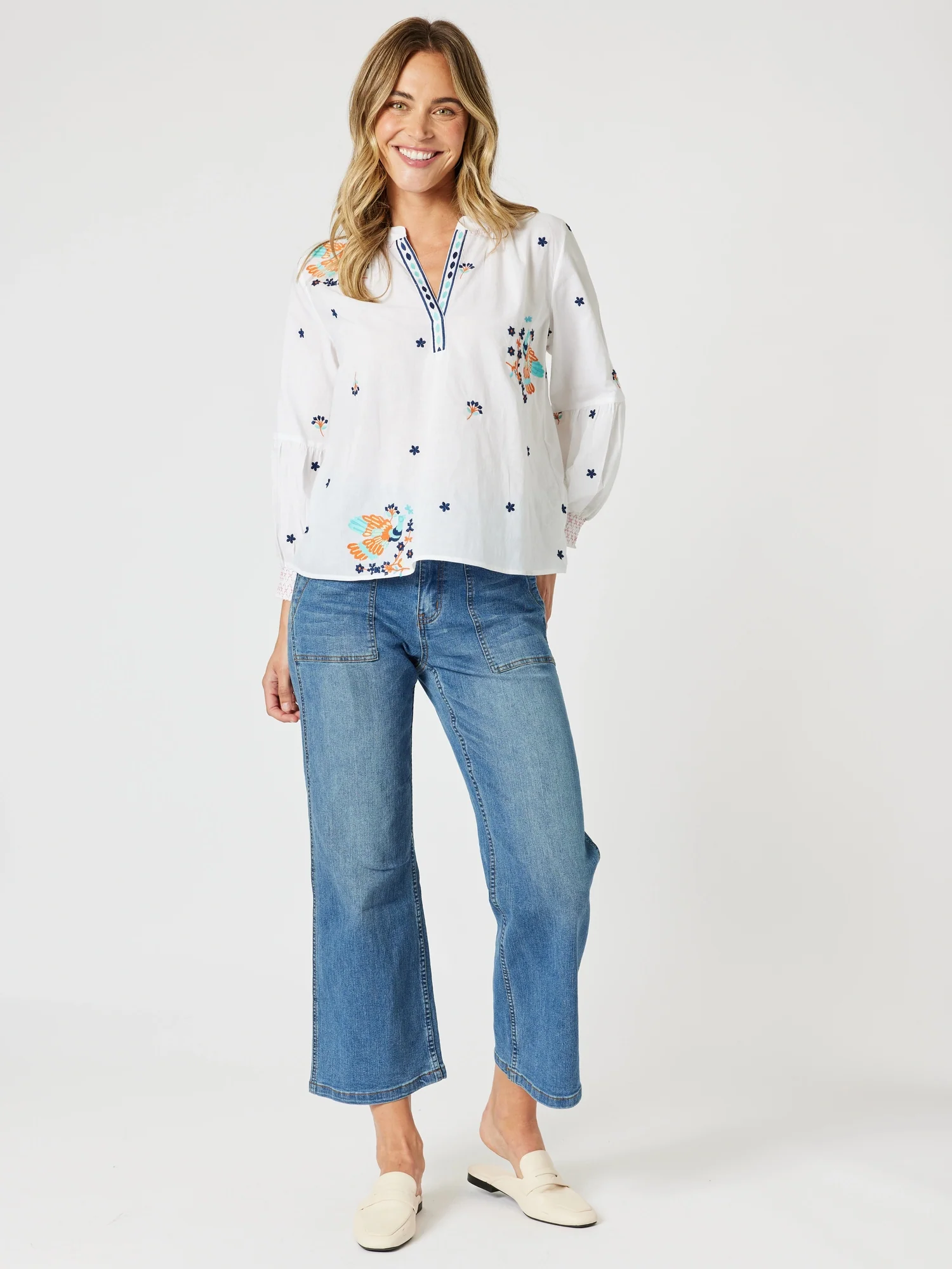 Birdie Embroidered Blouse - White Multi
