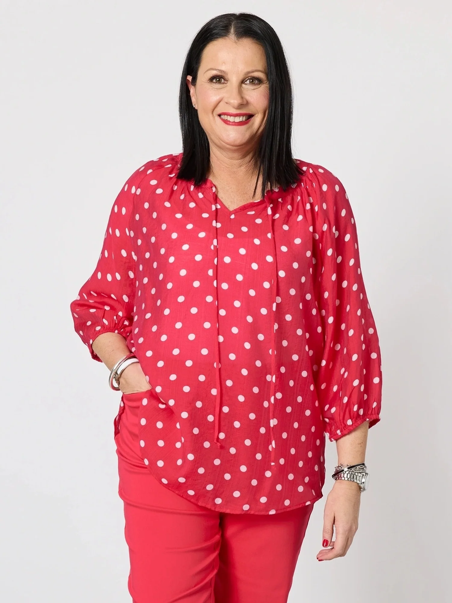 French Rose Spot Print Sheer Blouse - Red/White