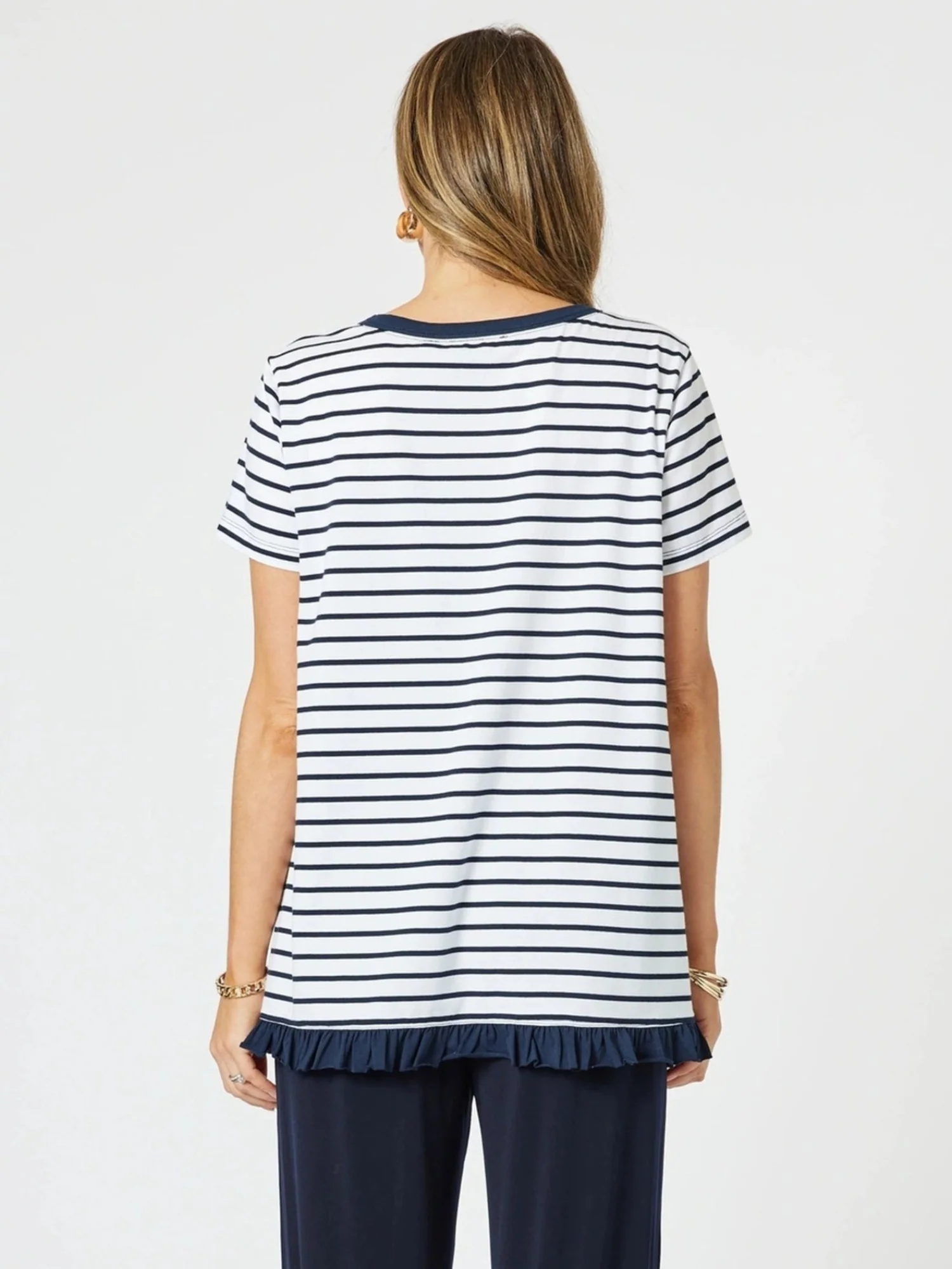 Frill Me Stripe Print Tee - Navy/White