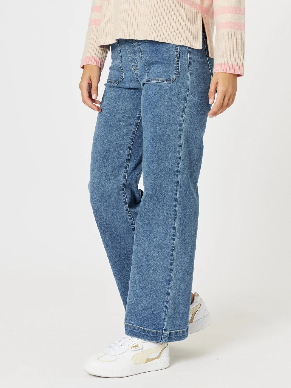 Carpenter Stretch Wide Leg Pull On Denim Jean - Washed Denim