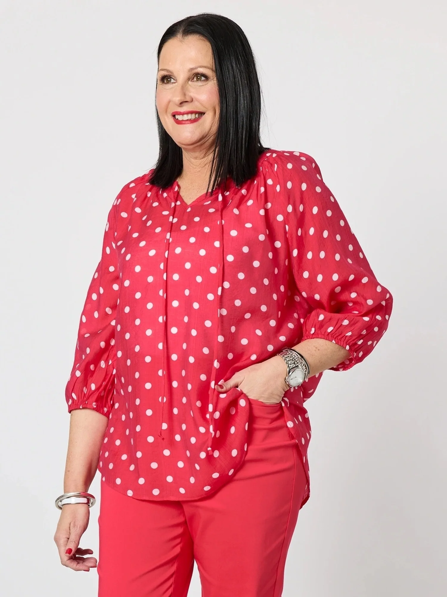 French Rose Spot Print Sheer Blouse - Red/White