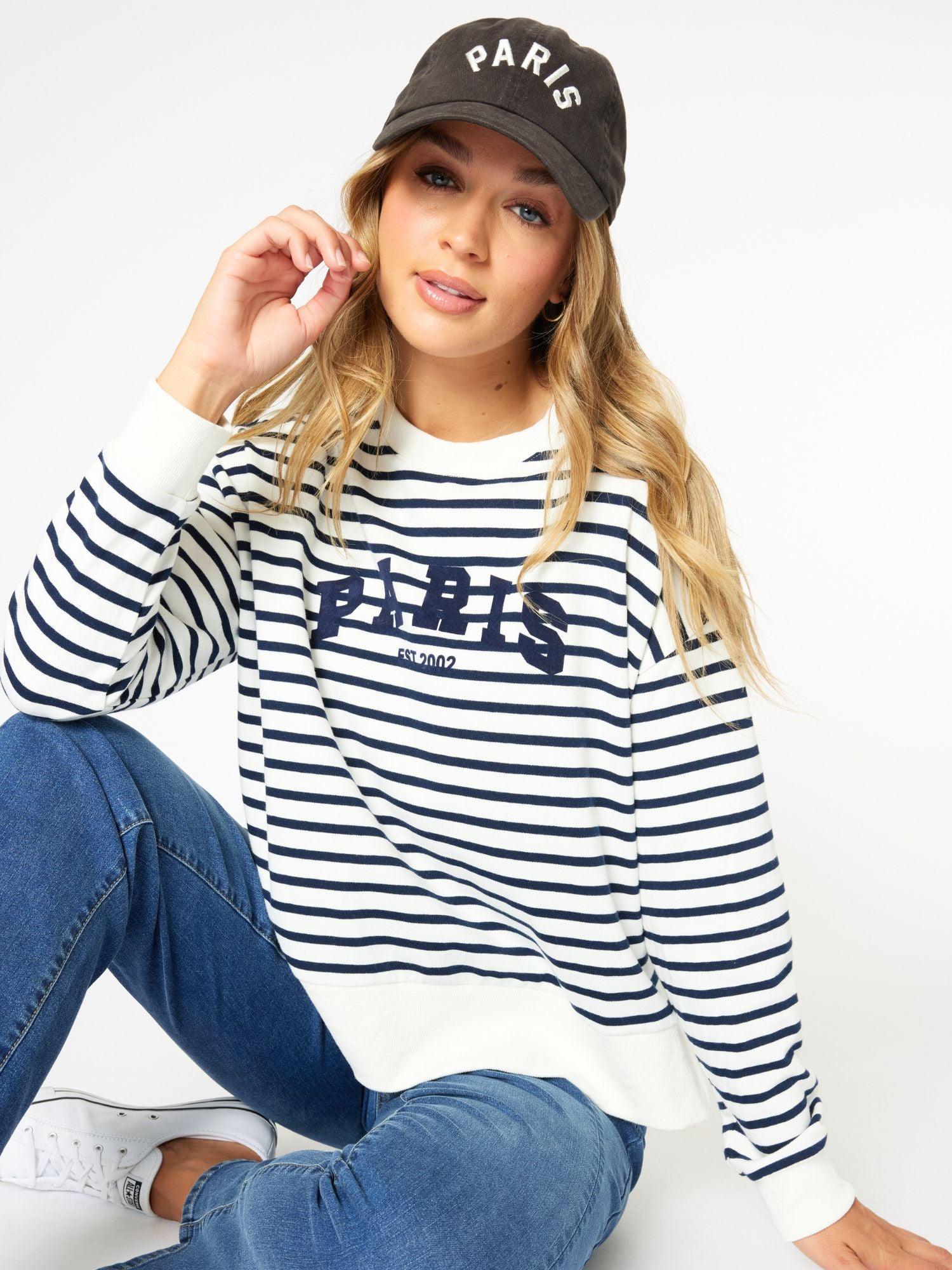 Paris Stripe Print Sweatshirt - Navy/White