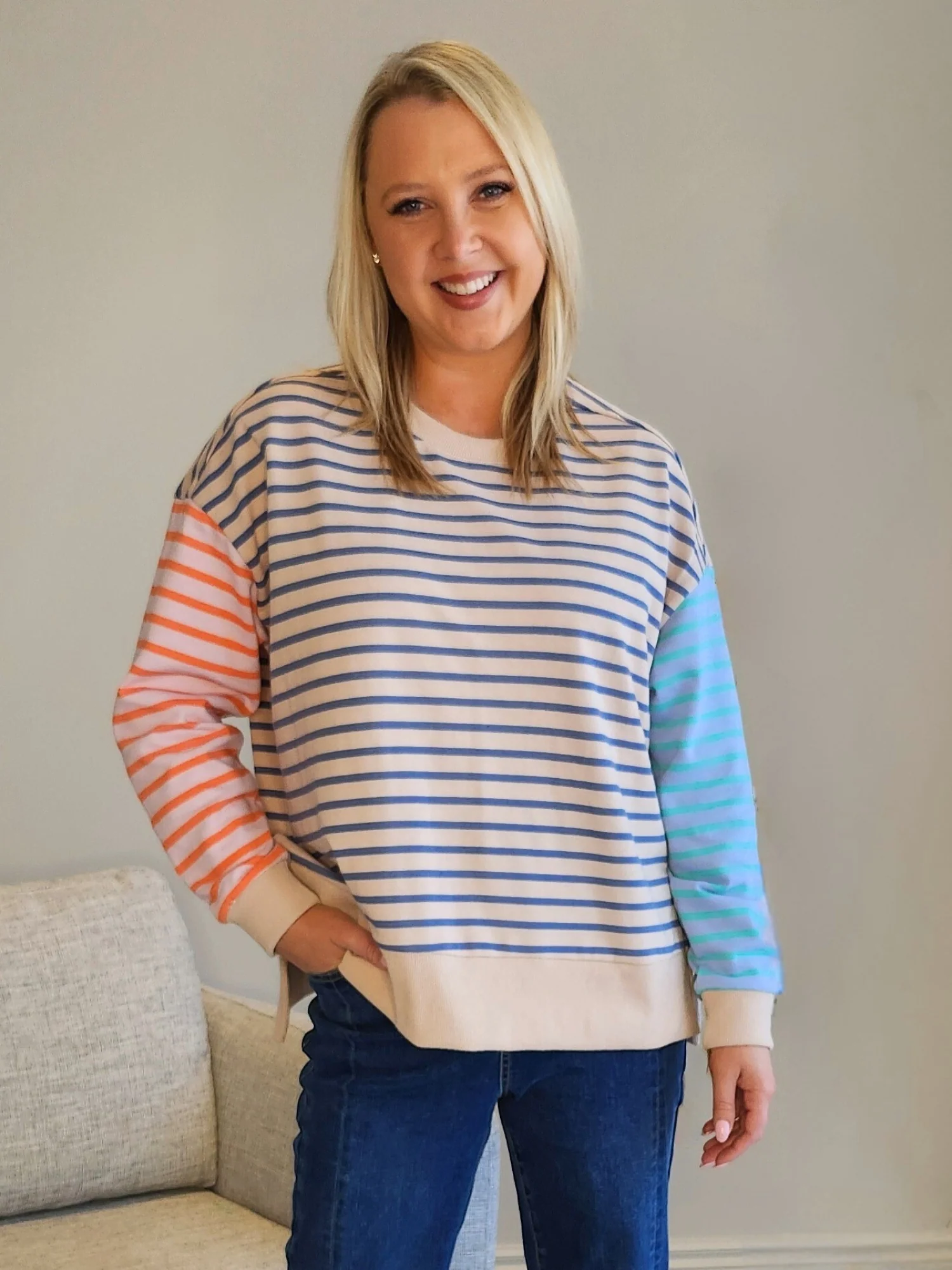 Maxwell Stripe Print Sweat - Blue/Multi