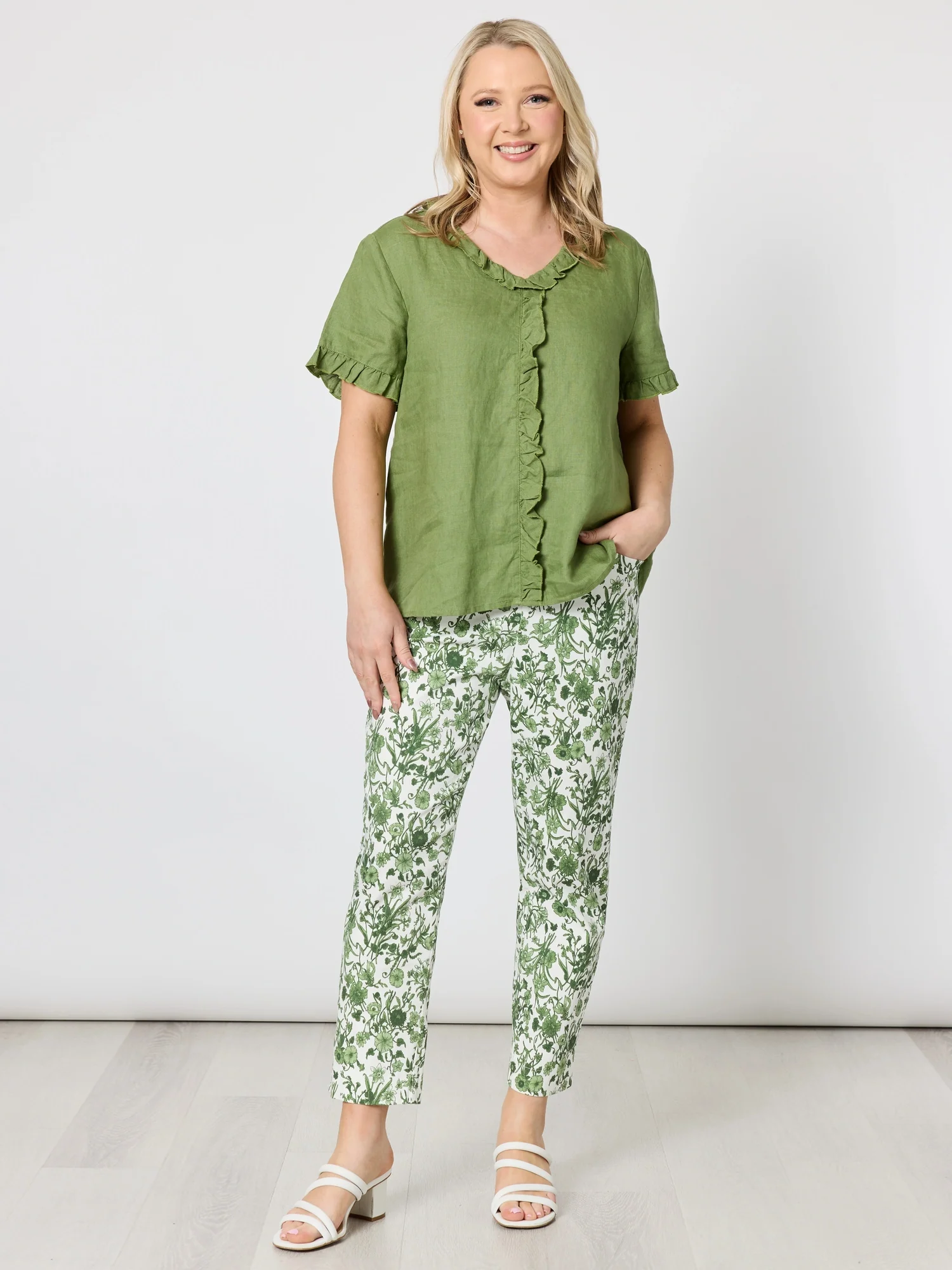 Tiffany Ruffle Linen Top - Basil