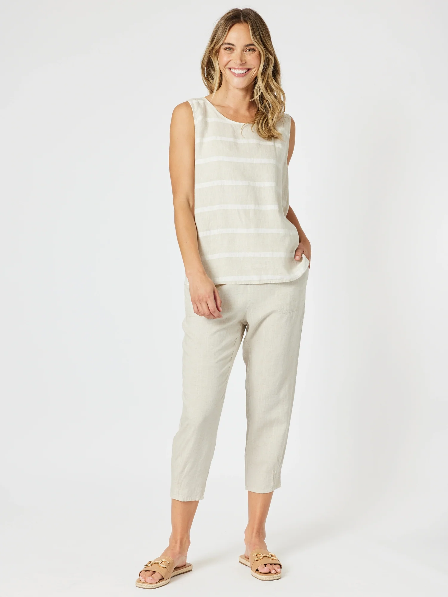Sarah Linen Pleat Hem Pant - Natural