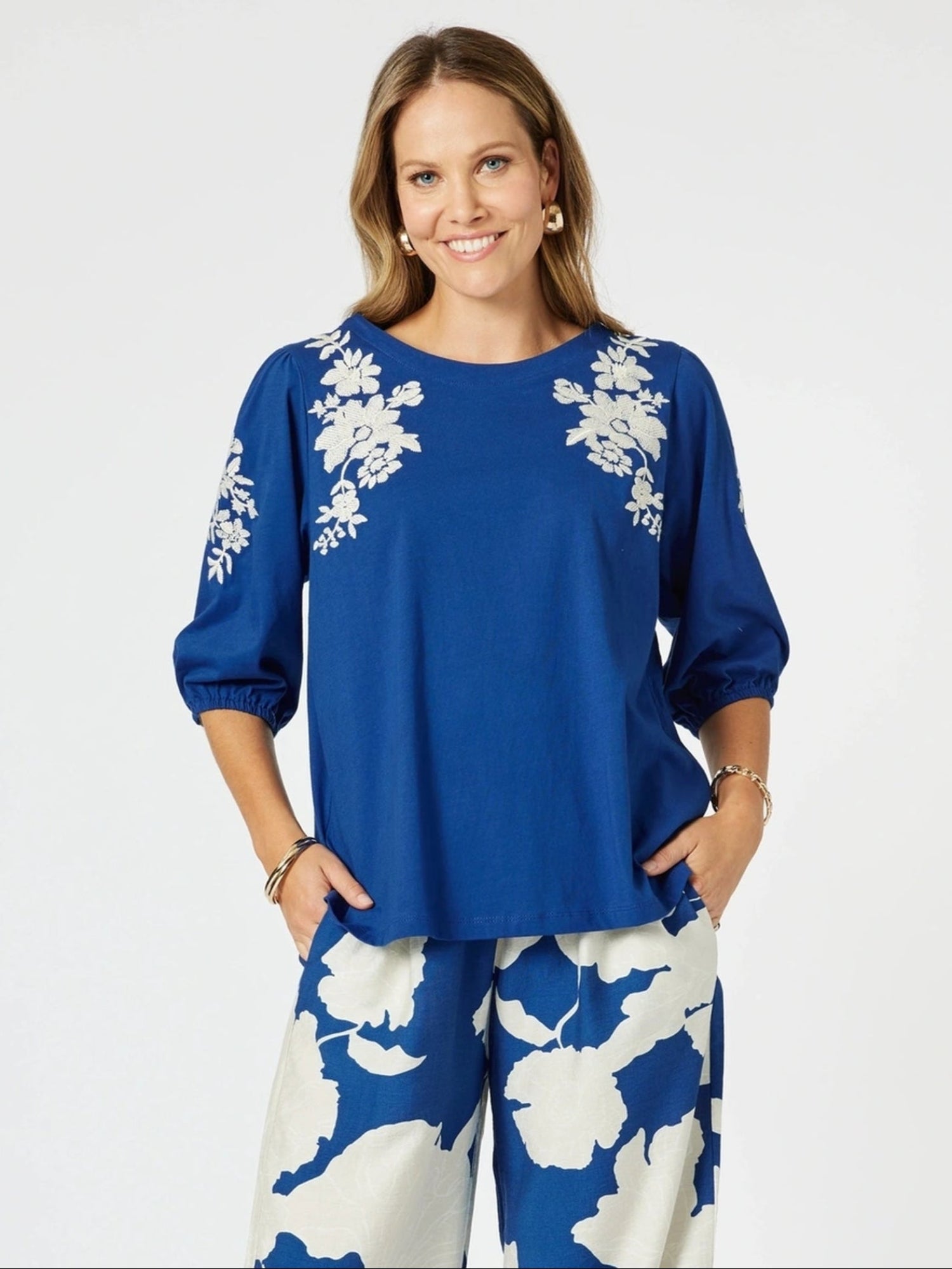 Jill Floral Embroidered Tee - Blue