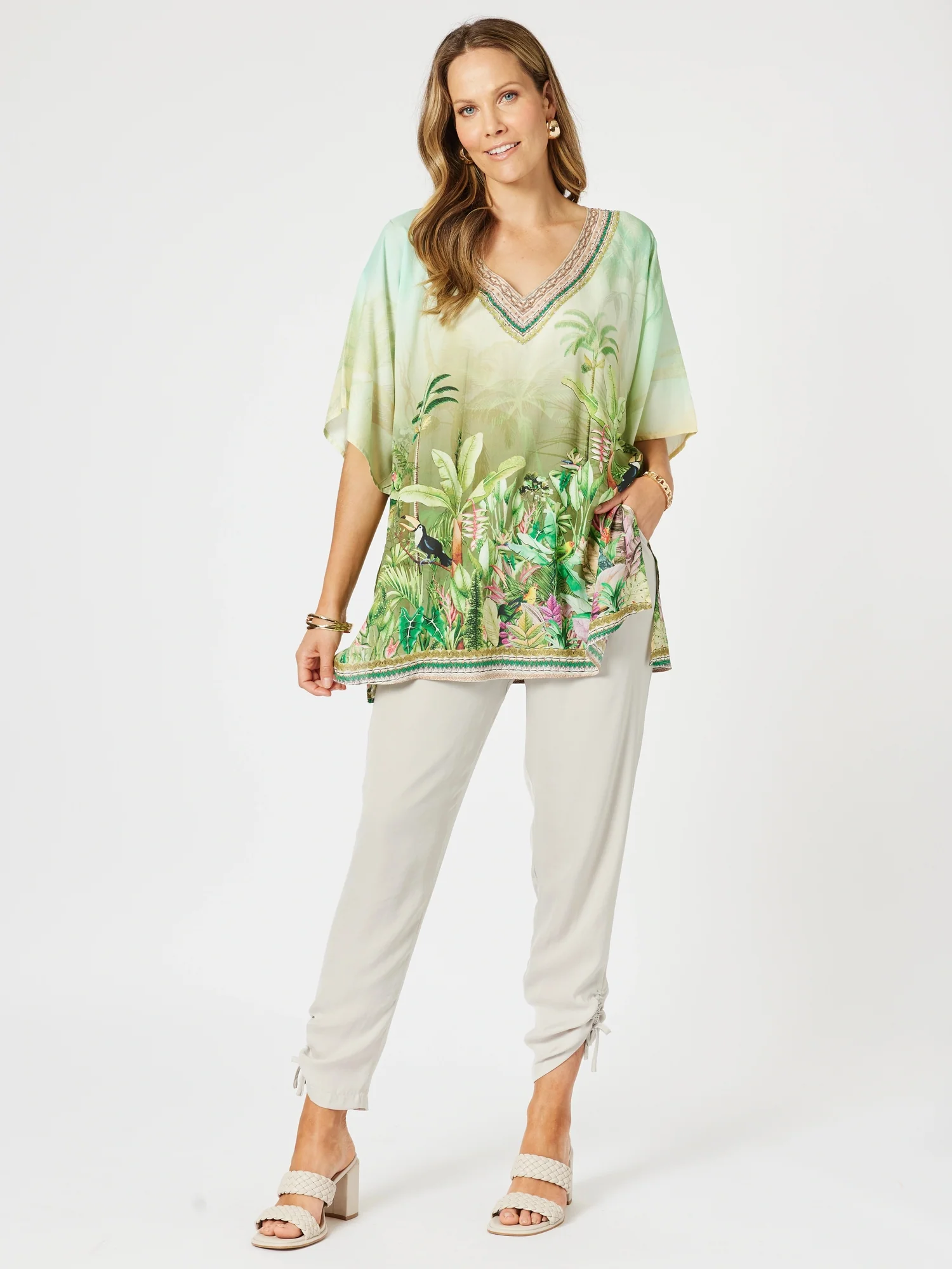 Toucan Print V Neck Top - Green