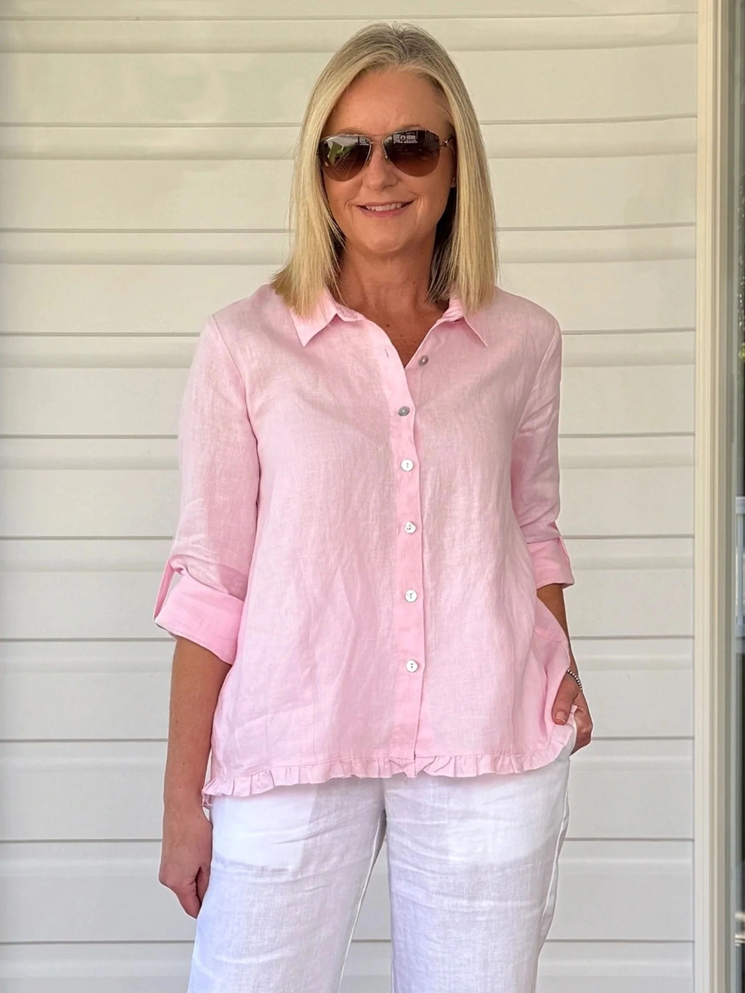 Ruffle Hem Linen Shirt - Pink
