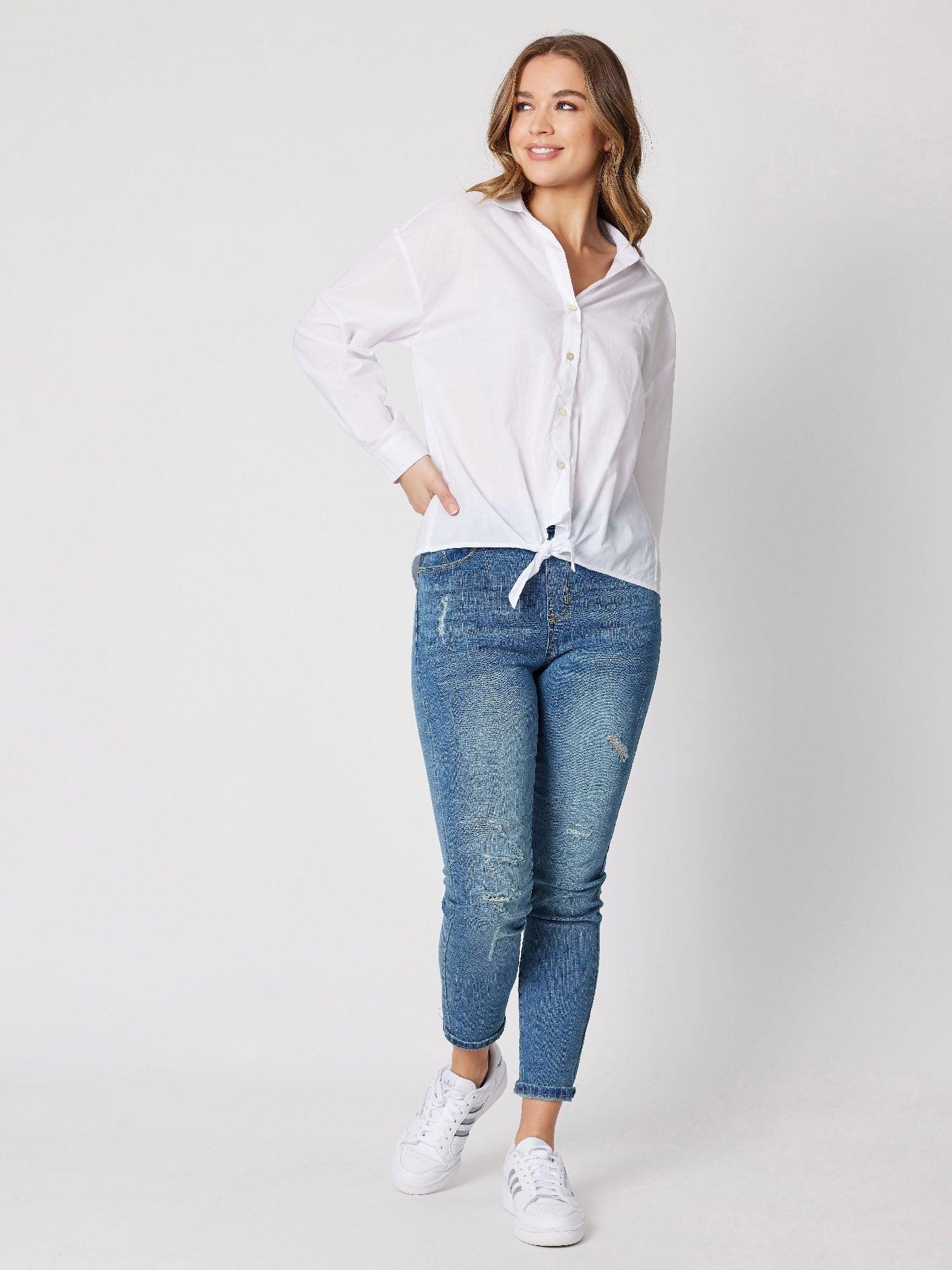 Tie Front Poplin Shirt - White