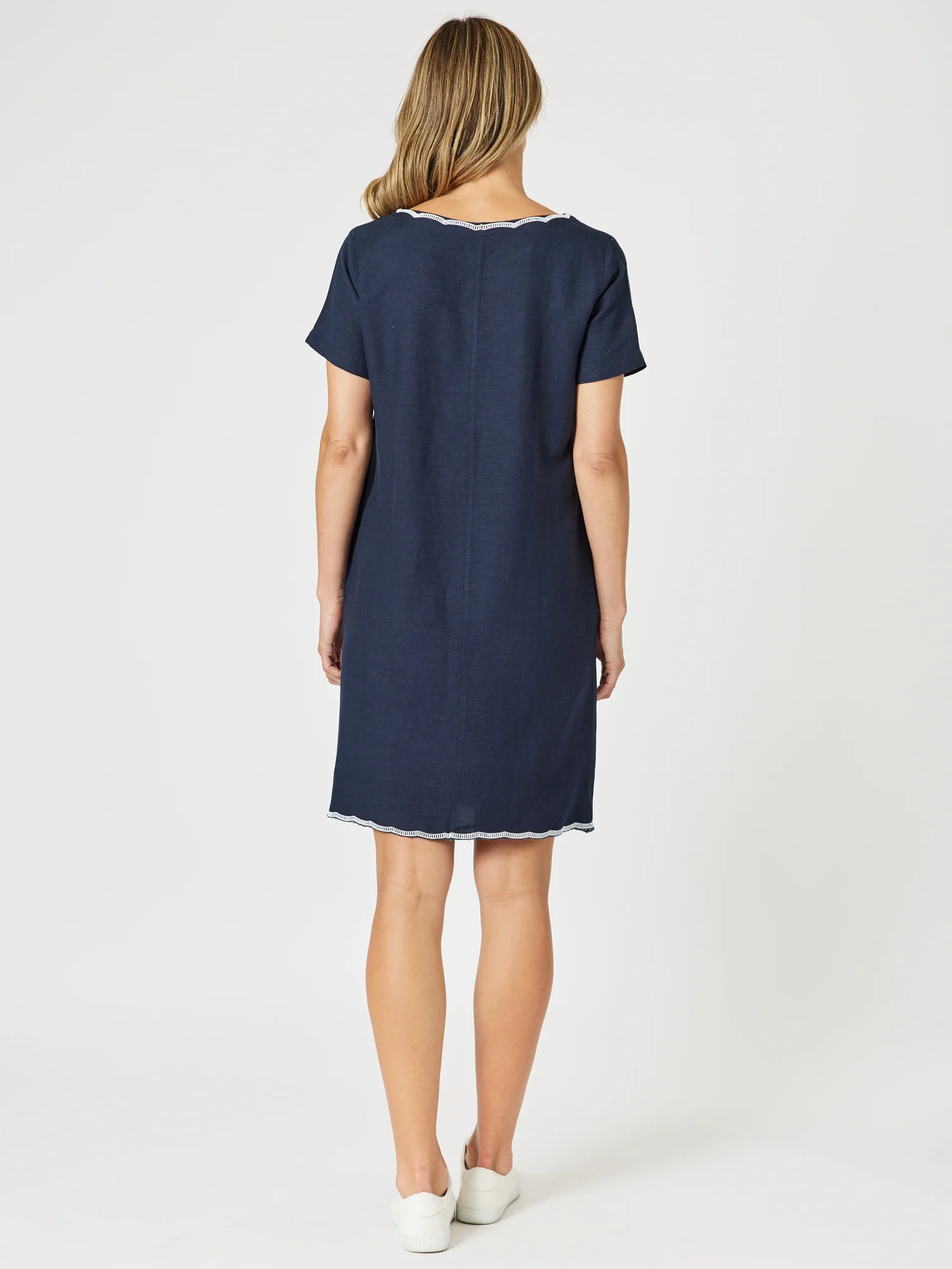 Palm Embroidered Lino Shift Dress - Navy/White