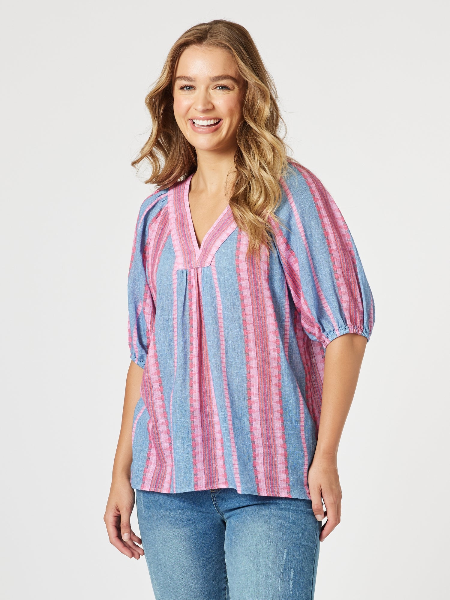 Bloom Stripe Print Top - Indigo Pink