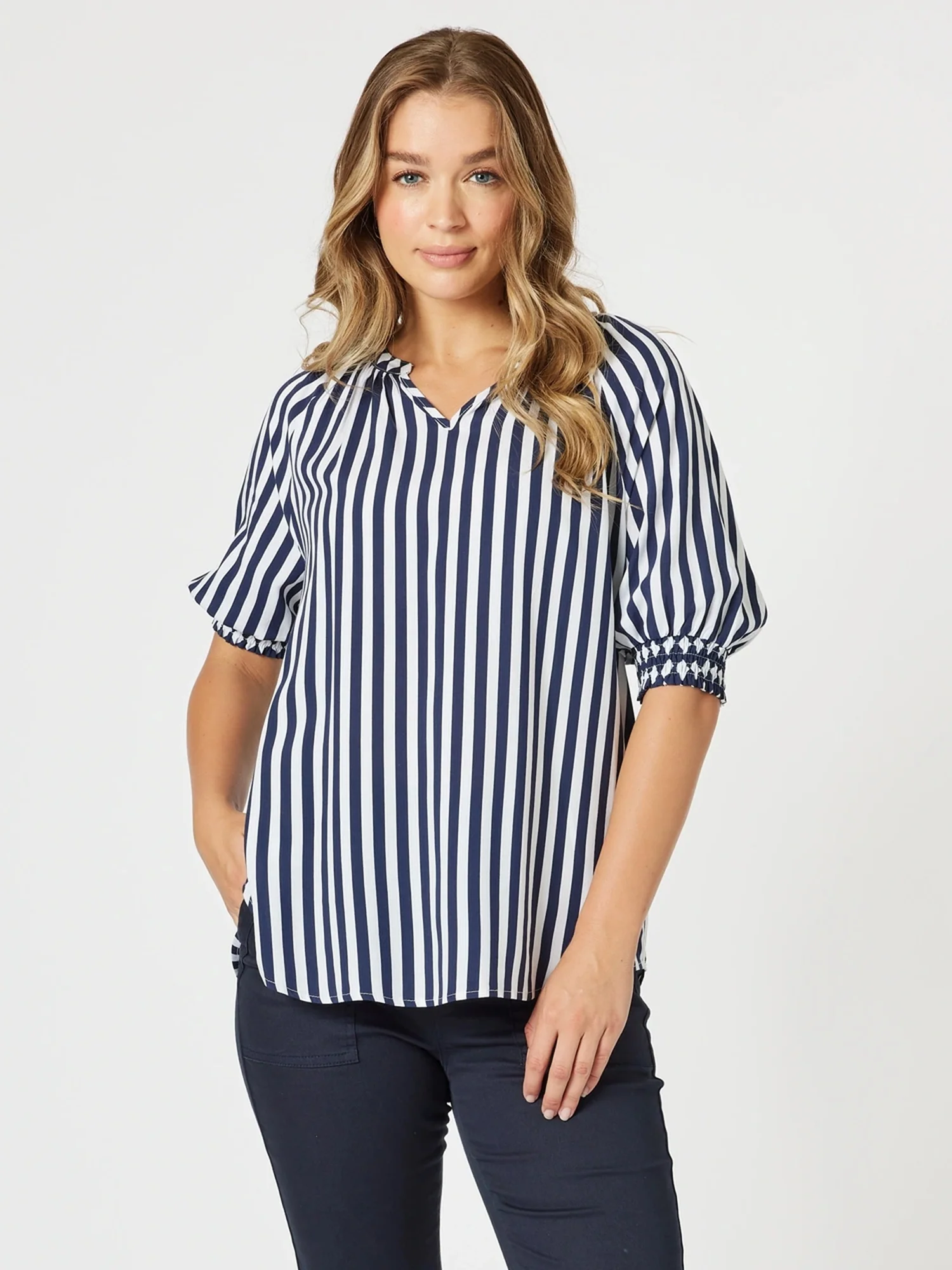 Harlequin Stripe Print Top - Navy/White