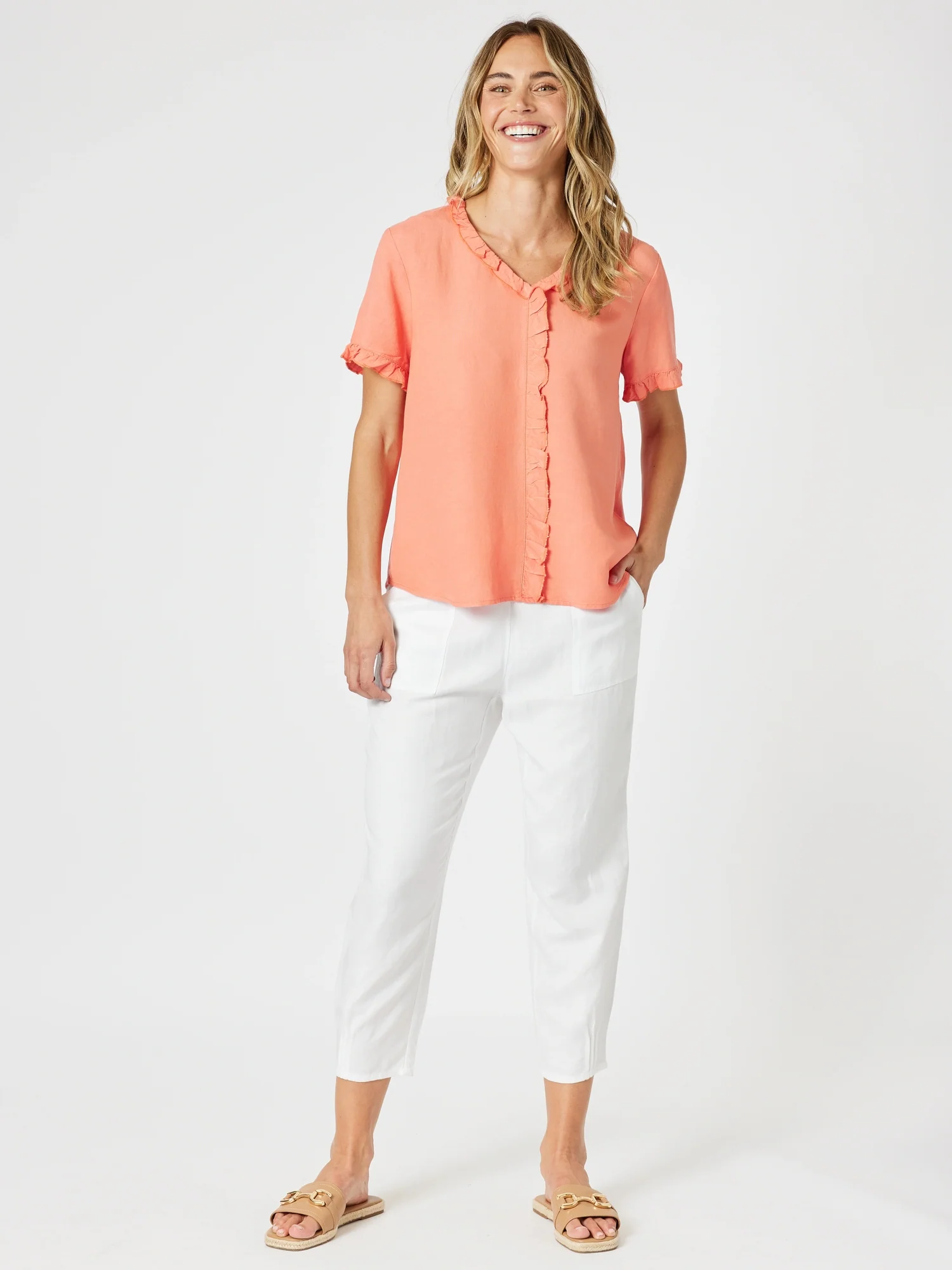 Sarah Linen Pleat Hem Pant - White