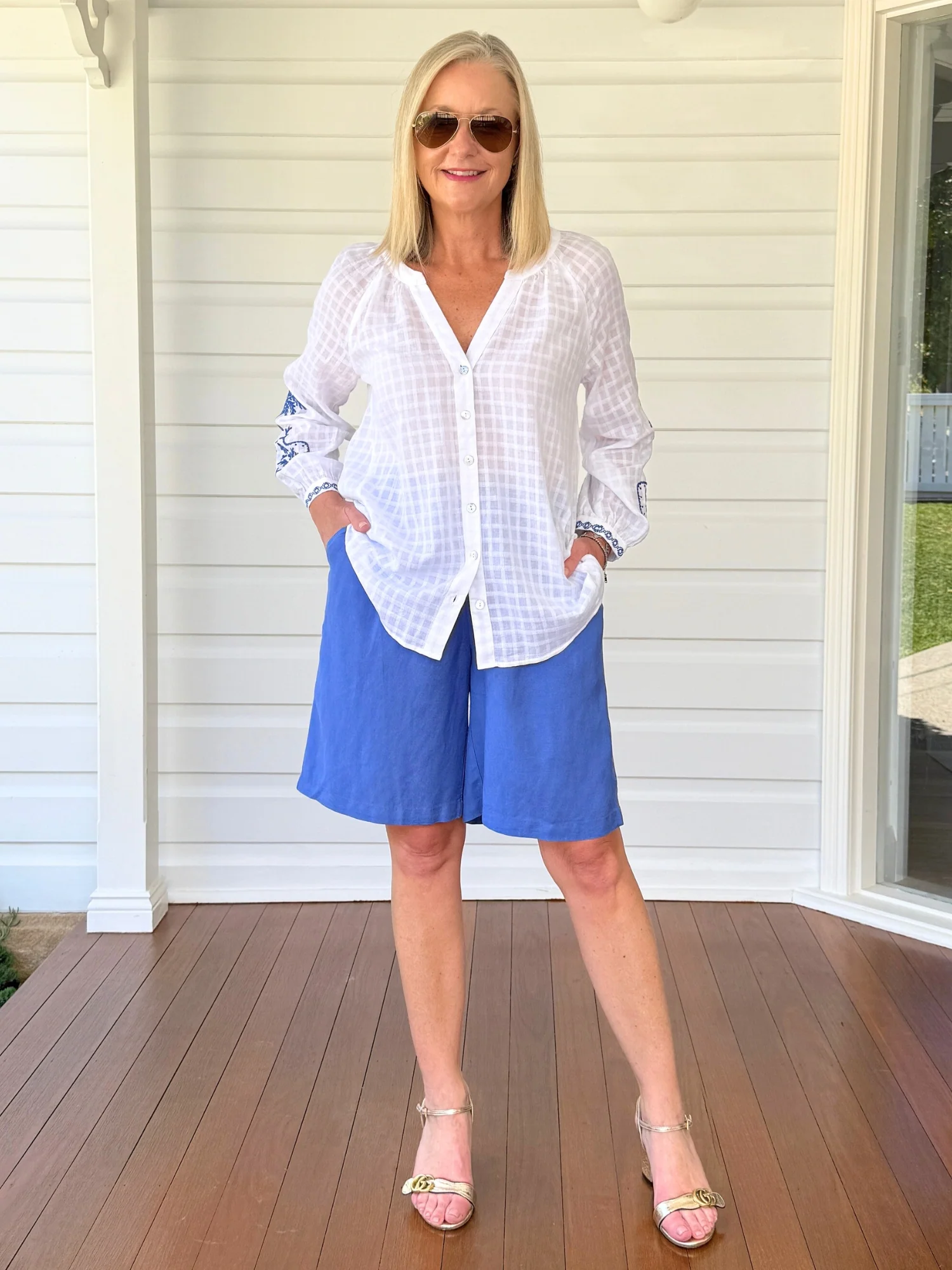 Mykonos Embroidered Sheer Blouse - White/Blue