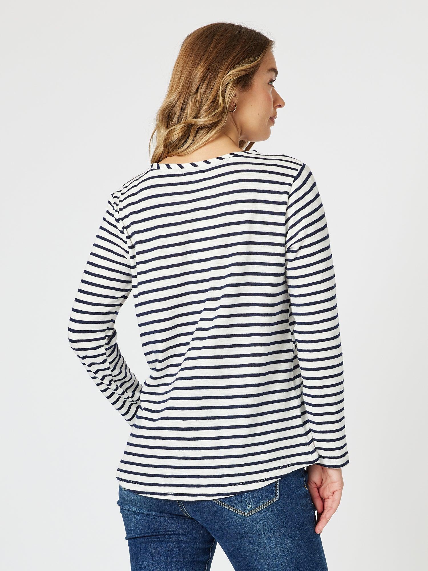 Riviera Stripe Print Long Sleeve Tee - Navy/White