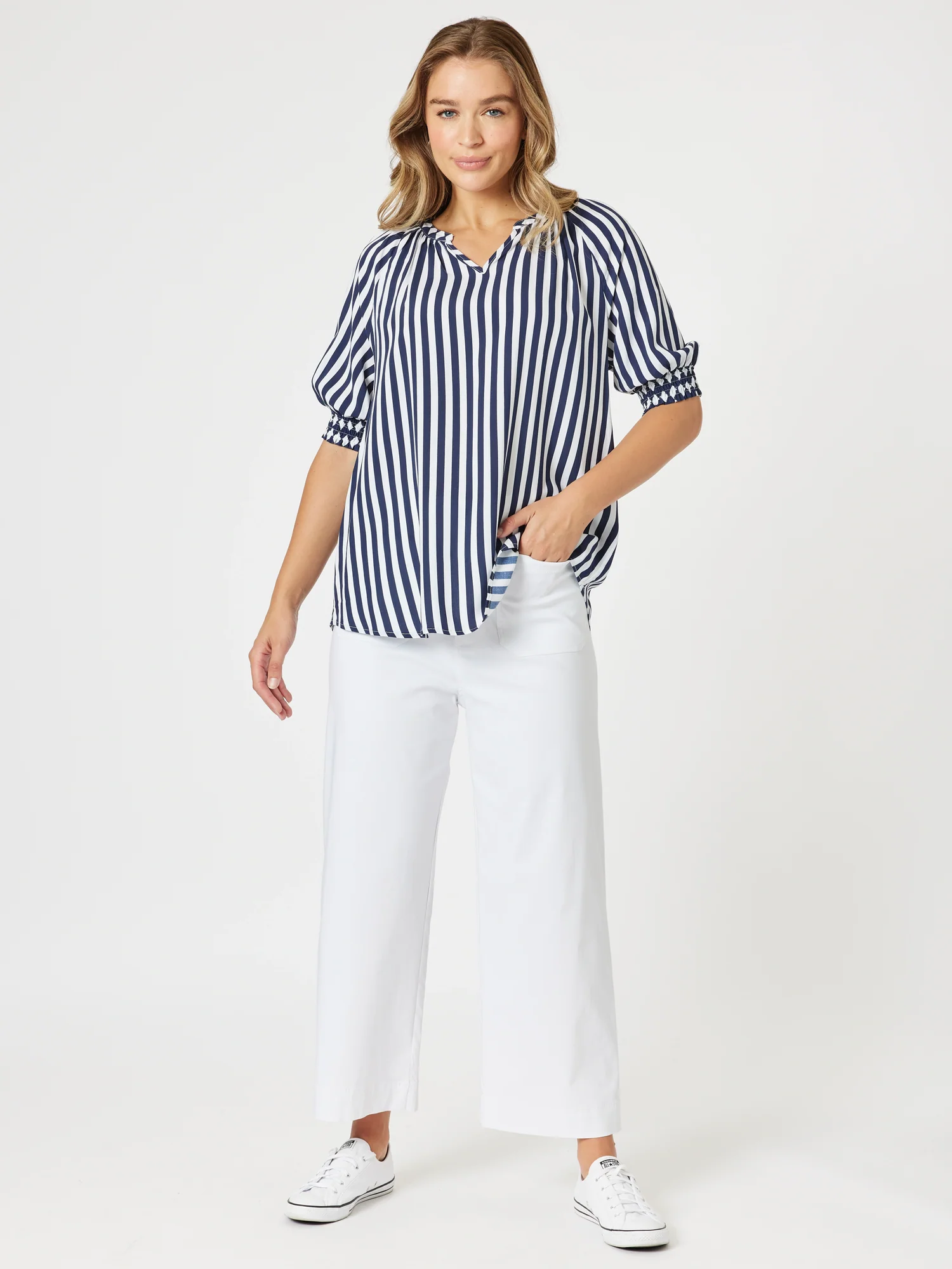 Harlequin Stripe Print Top - Navy/White