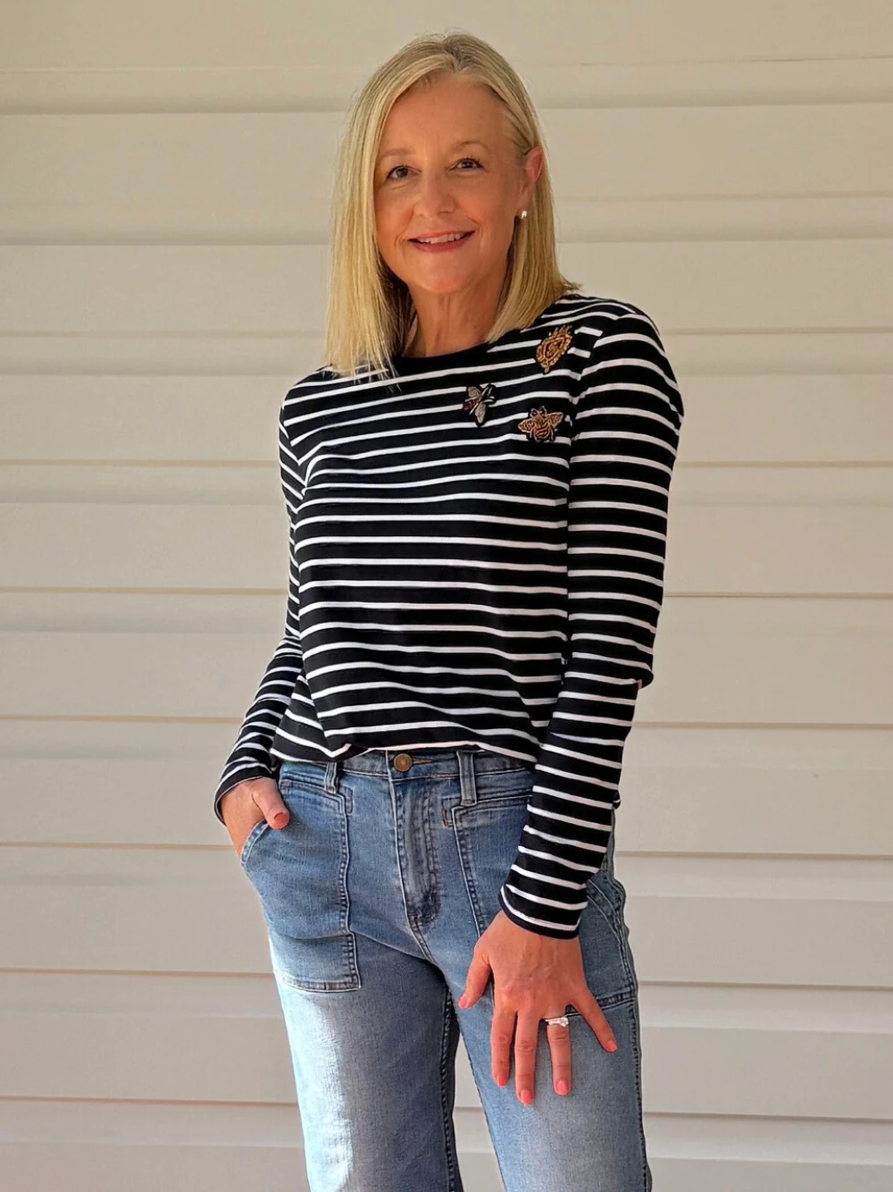 Badge Detail Stripe Long Sleeve Tee - Navy/White