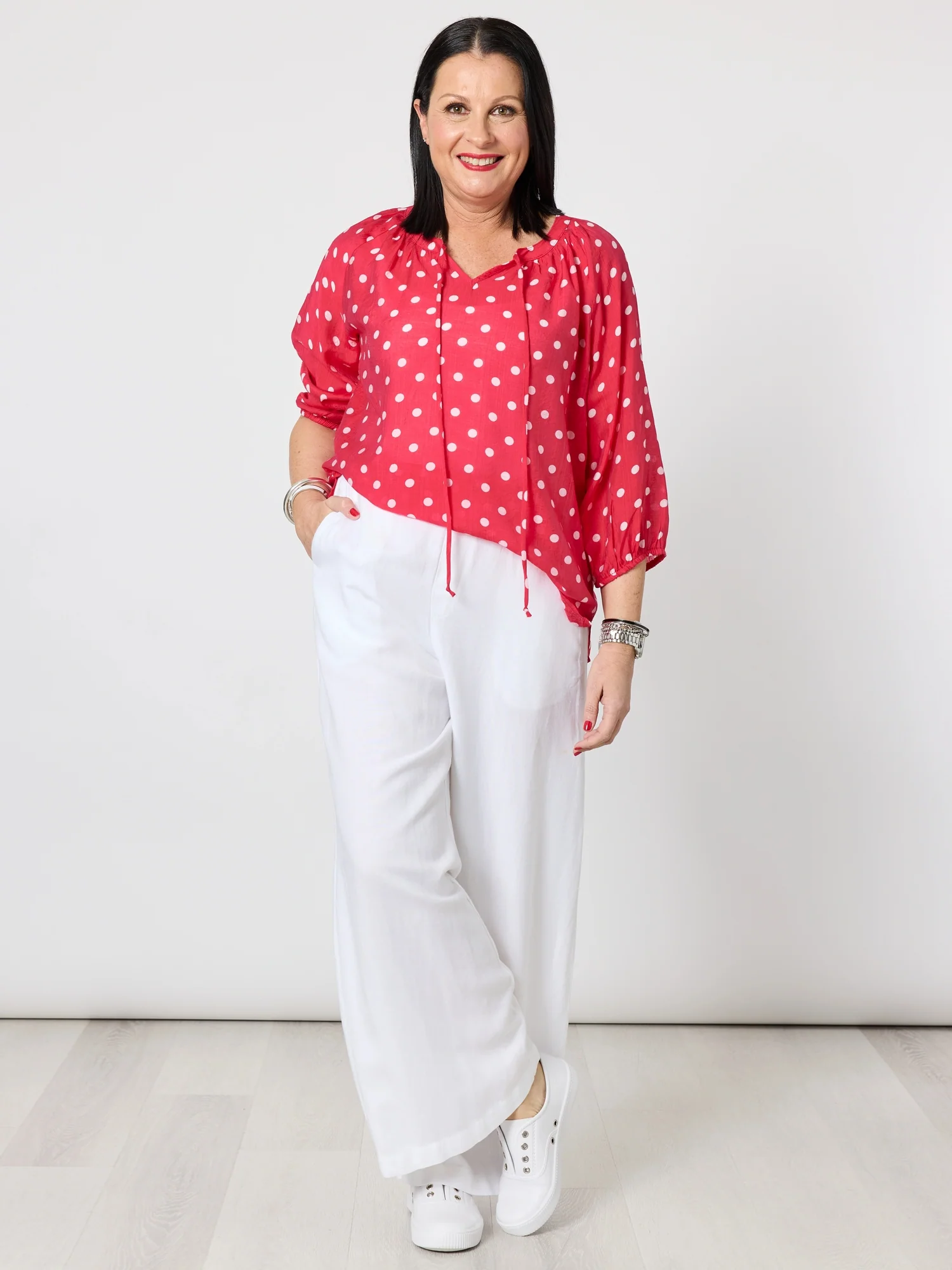 French Rose Spot Print Sheer Blouse - Red/White