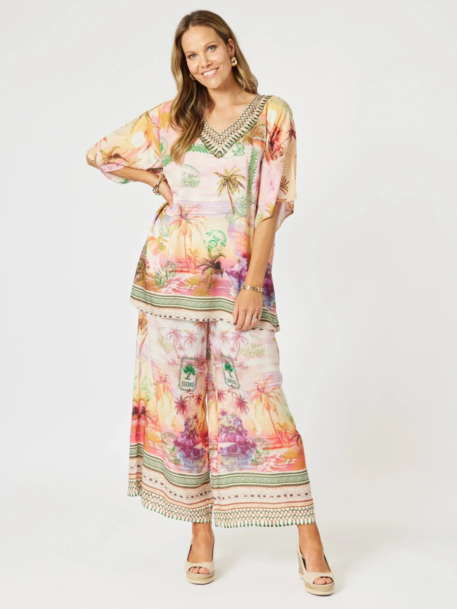 Passport Print V Neck Top - Sunset Multi