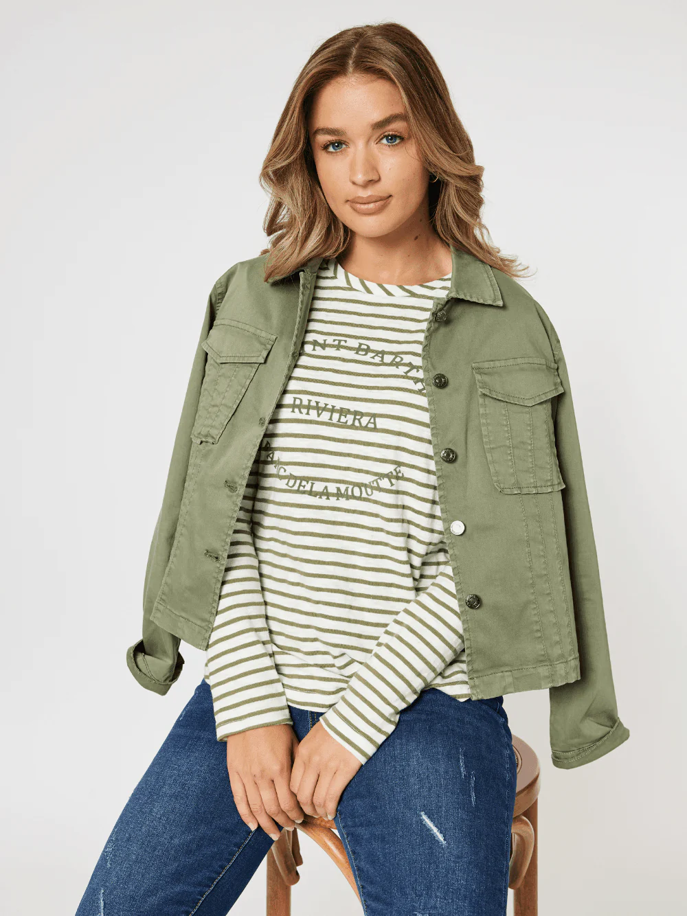 Riviera Stripe Print Long Sleeve Tee - Khaki/White