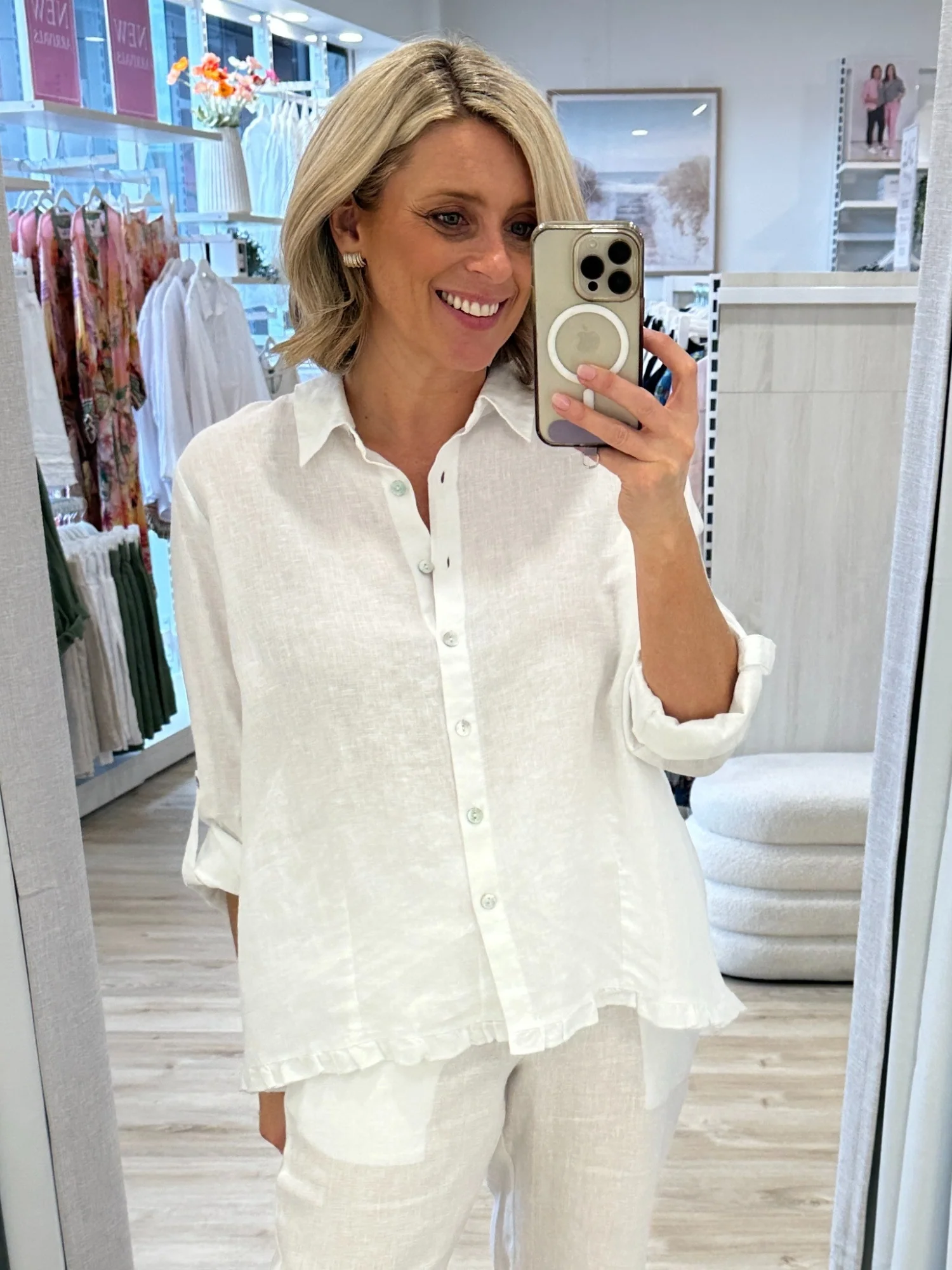 Ruffle Hem Linen Shirt - White