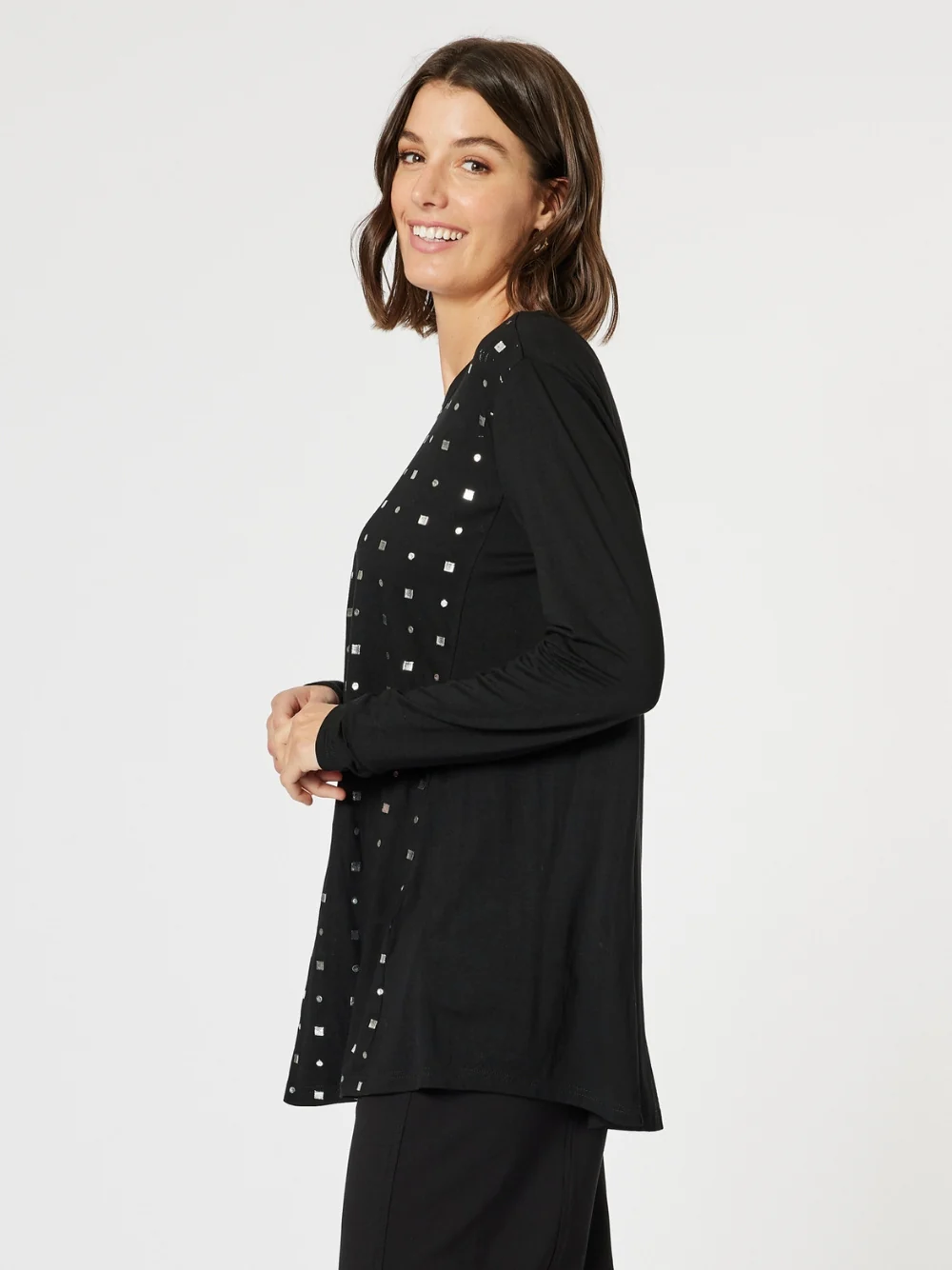 Metallic Print Long Sleeve Tee - Black/Silver