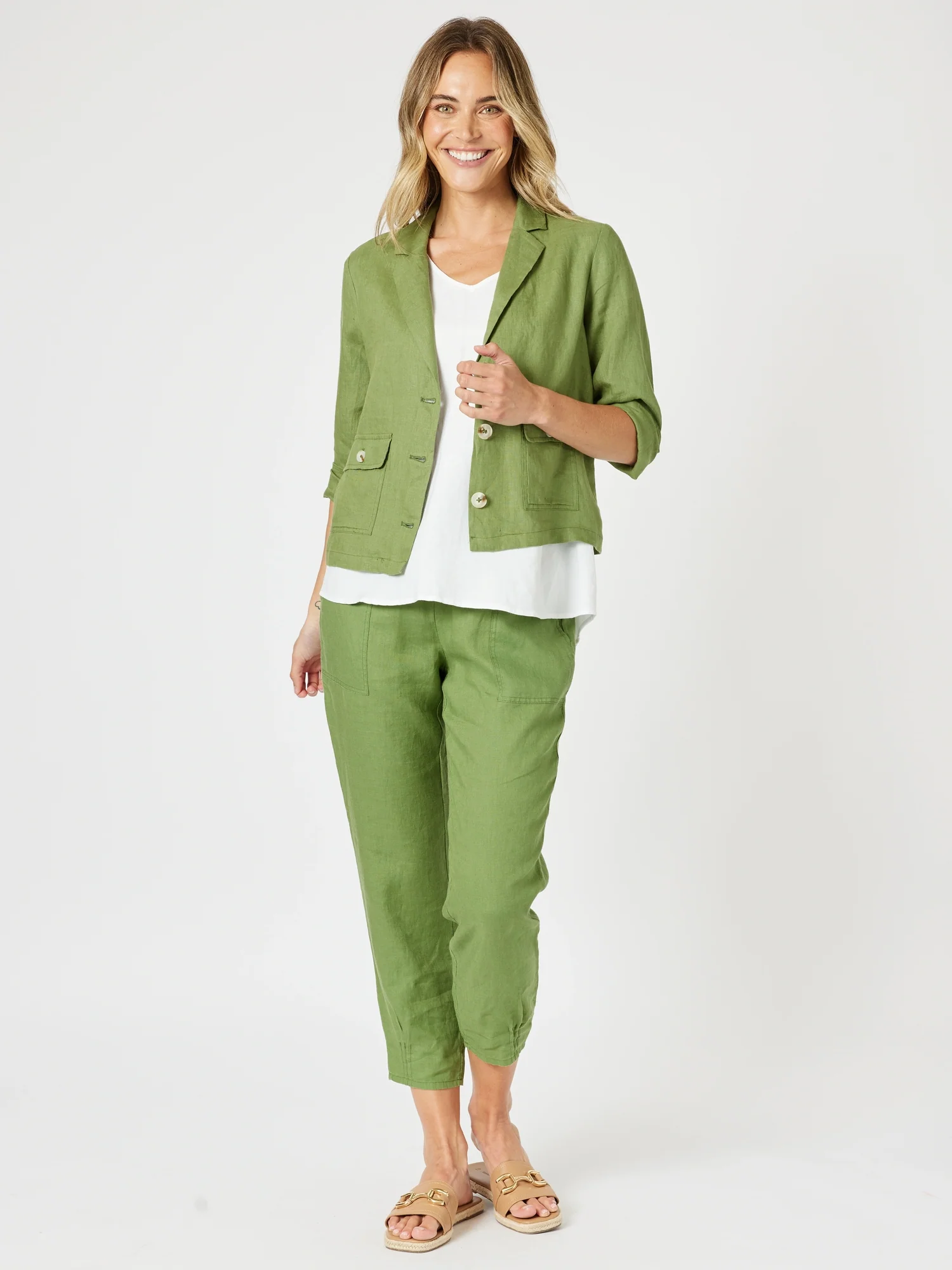 Sarah Linen Pleat Hem Pant - Basil