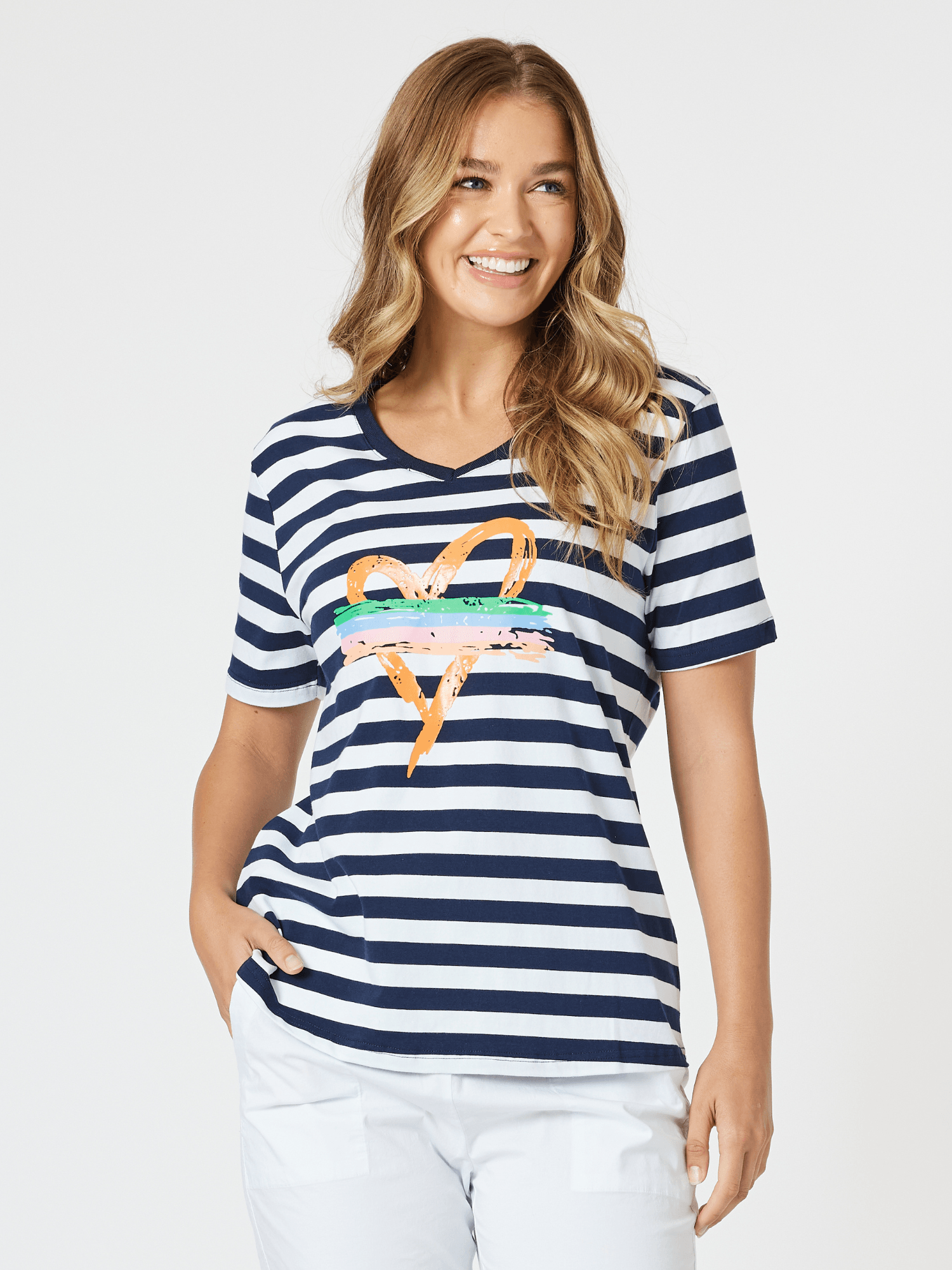 Heart Stripe Print T-shirt - Orange