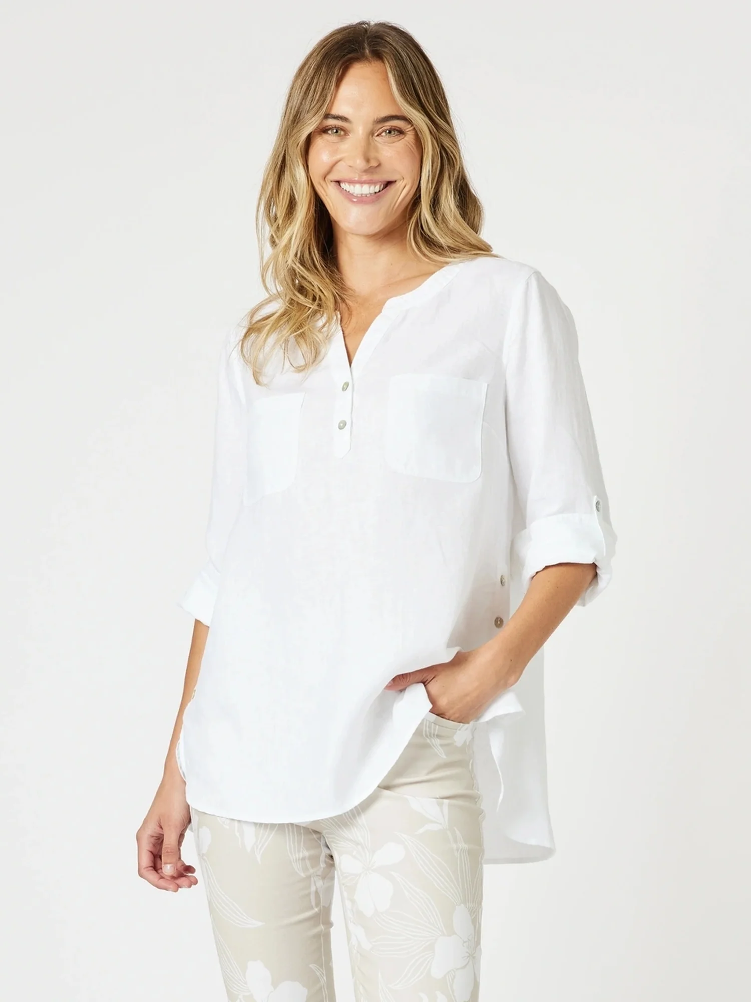 Ava Button Detail Linen Top - White