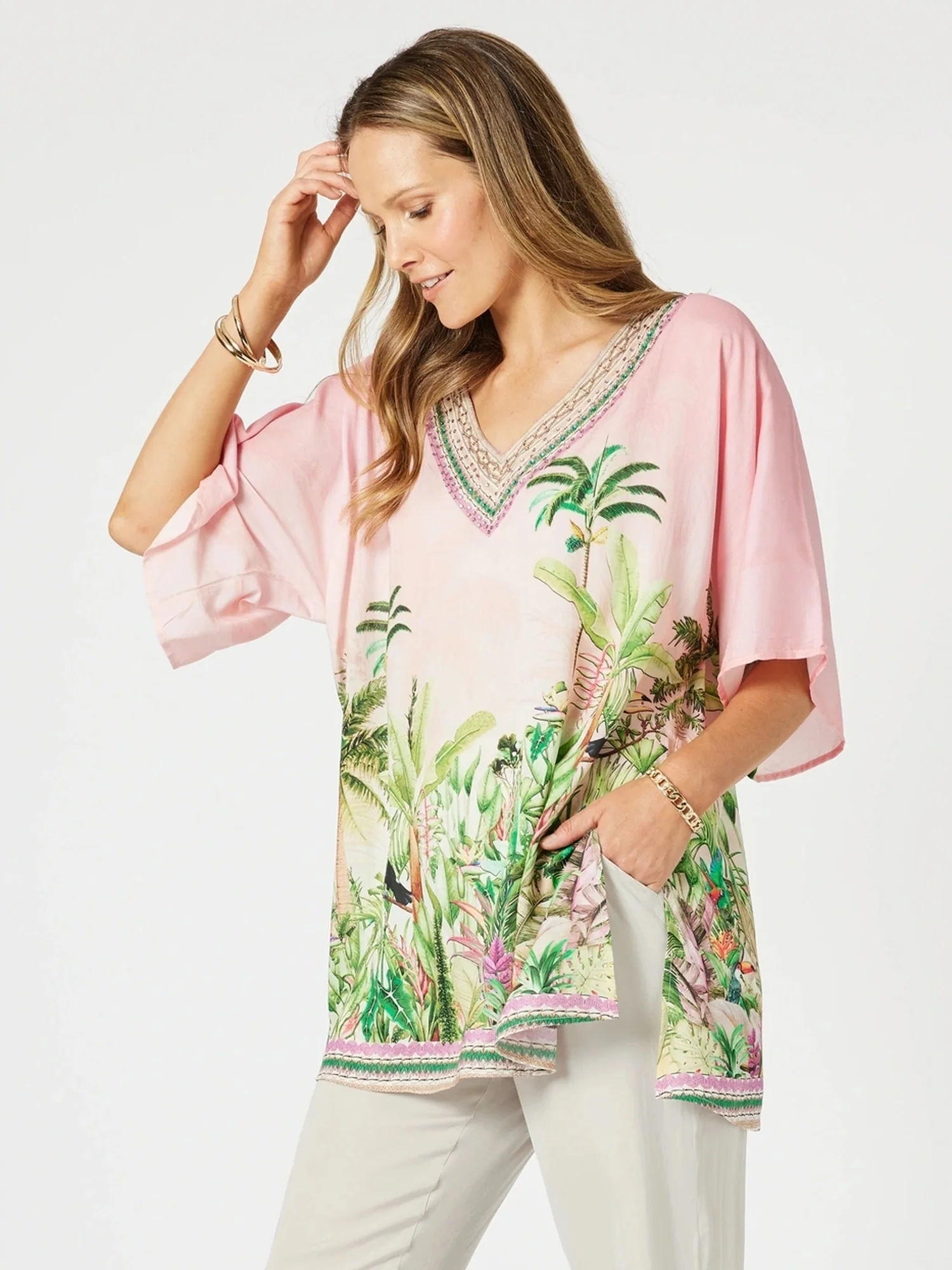 Toucan Print V Neck Top - Pink