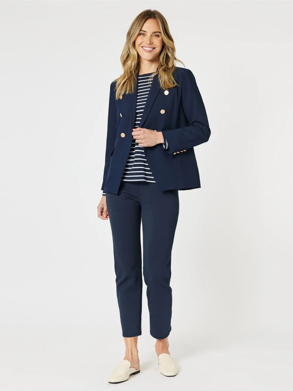 Badge Detail Stripe Long Sleeve Tee - Navy/White