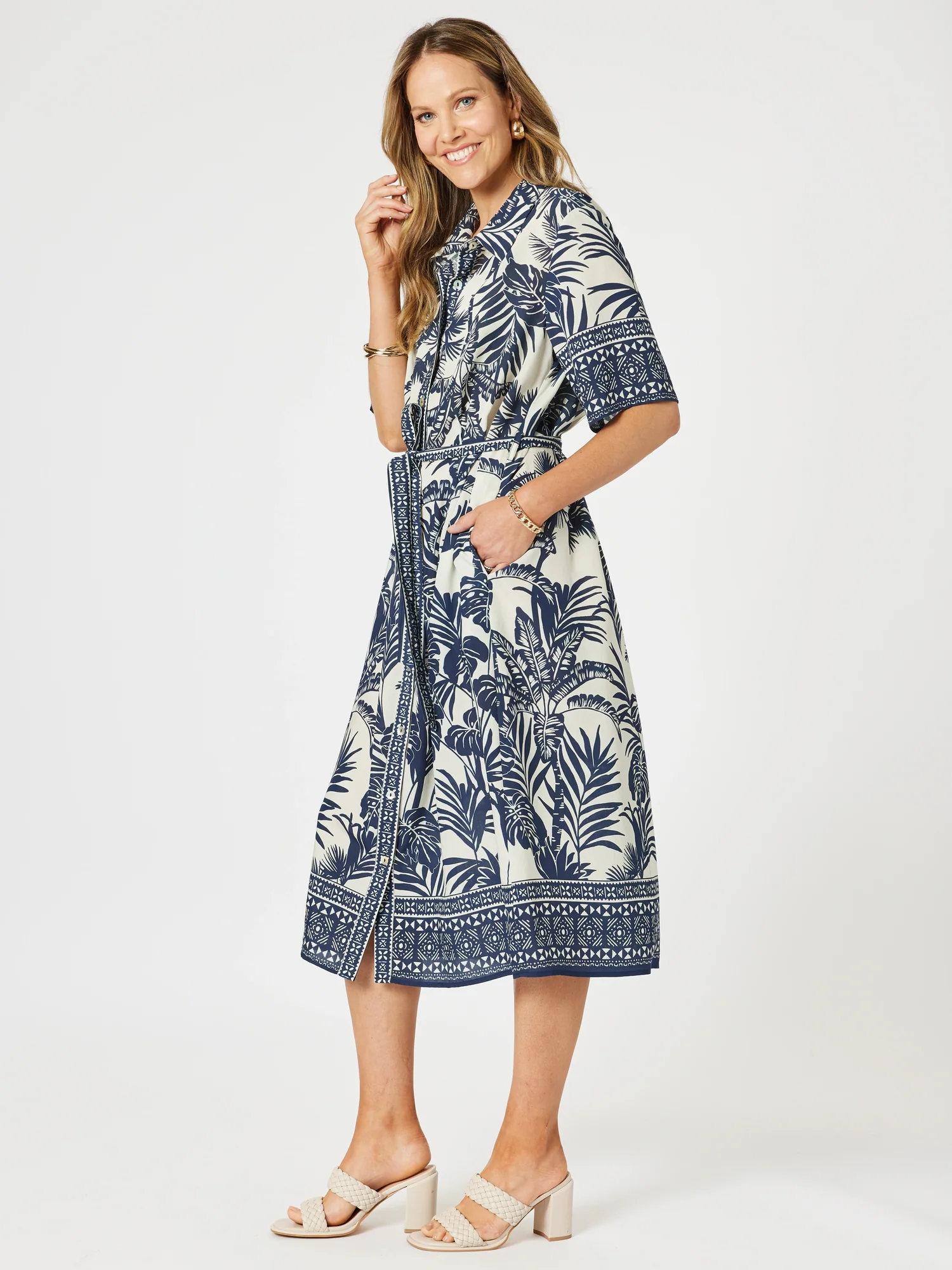 Palm Cove Print Shirt Dress - Navy Multi