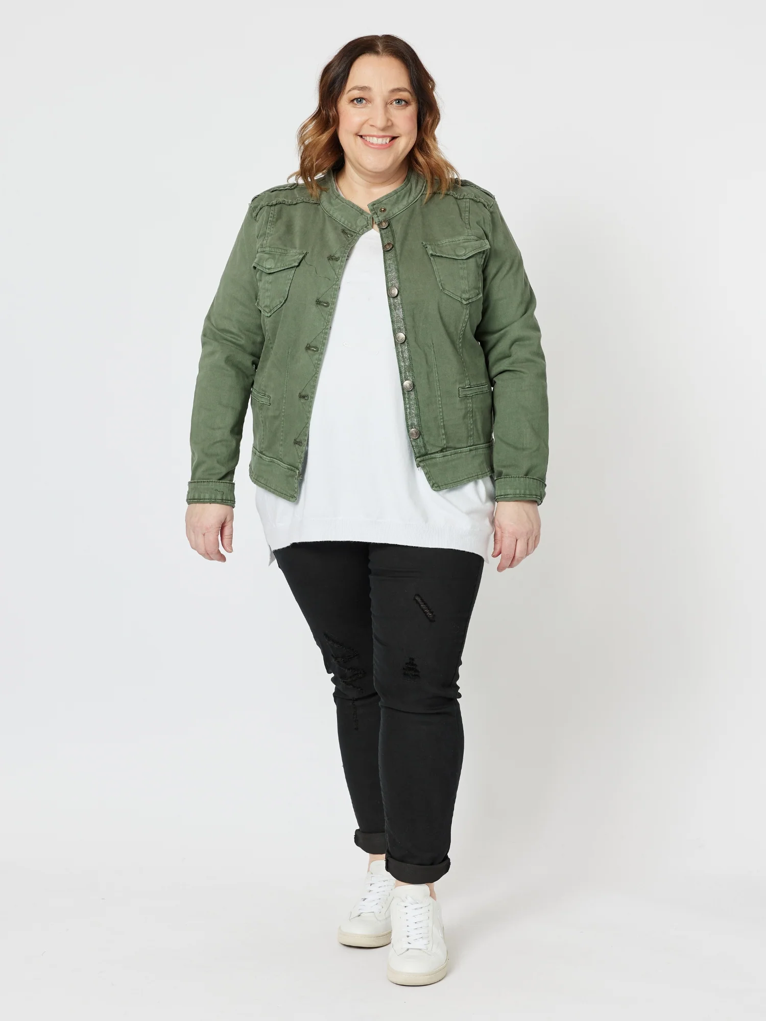 Military Style Denim Jacket - Khaki