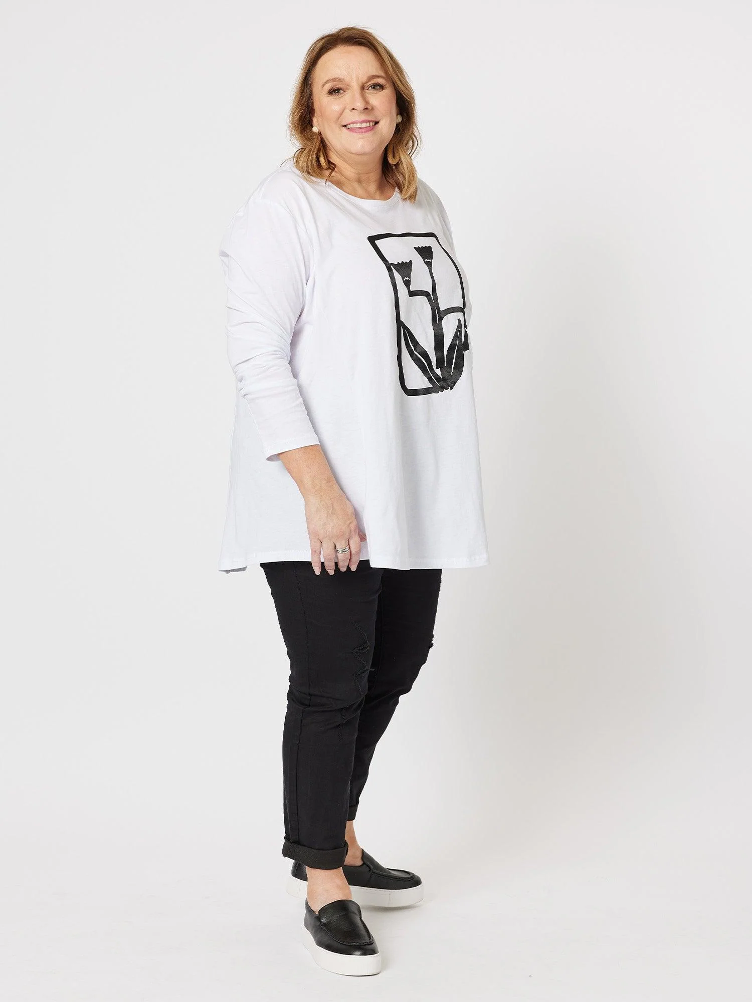 Floral Outline Long Sleeve Top - White