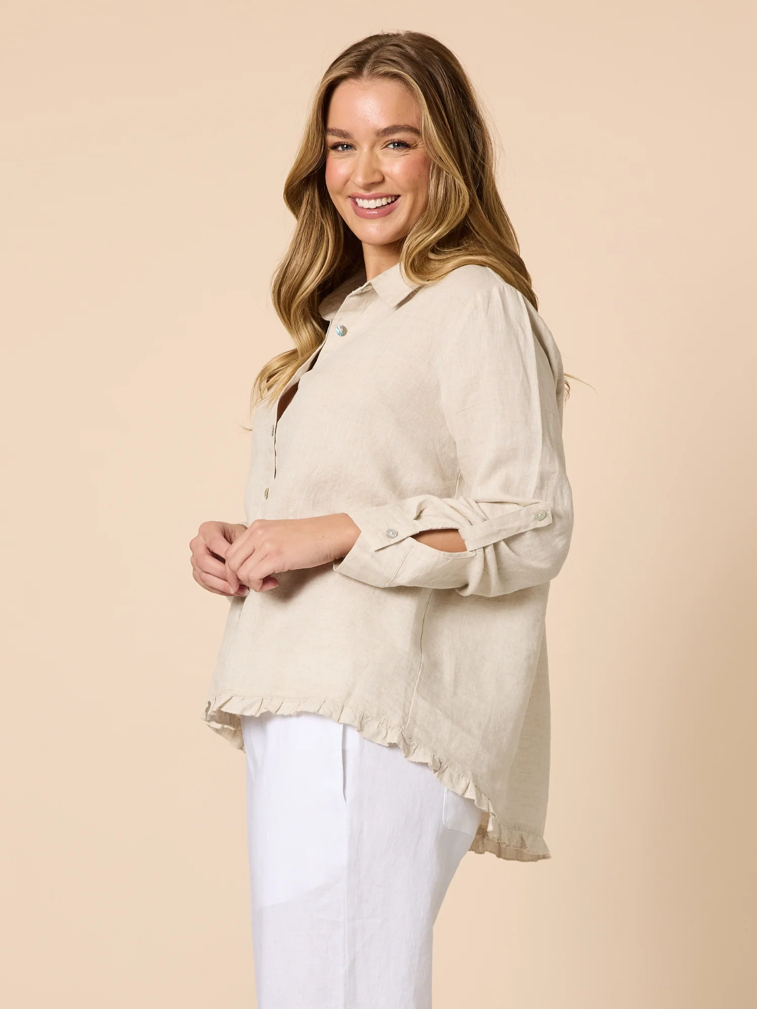 Ruffle Hem Linen Shirt - Natural